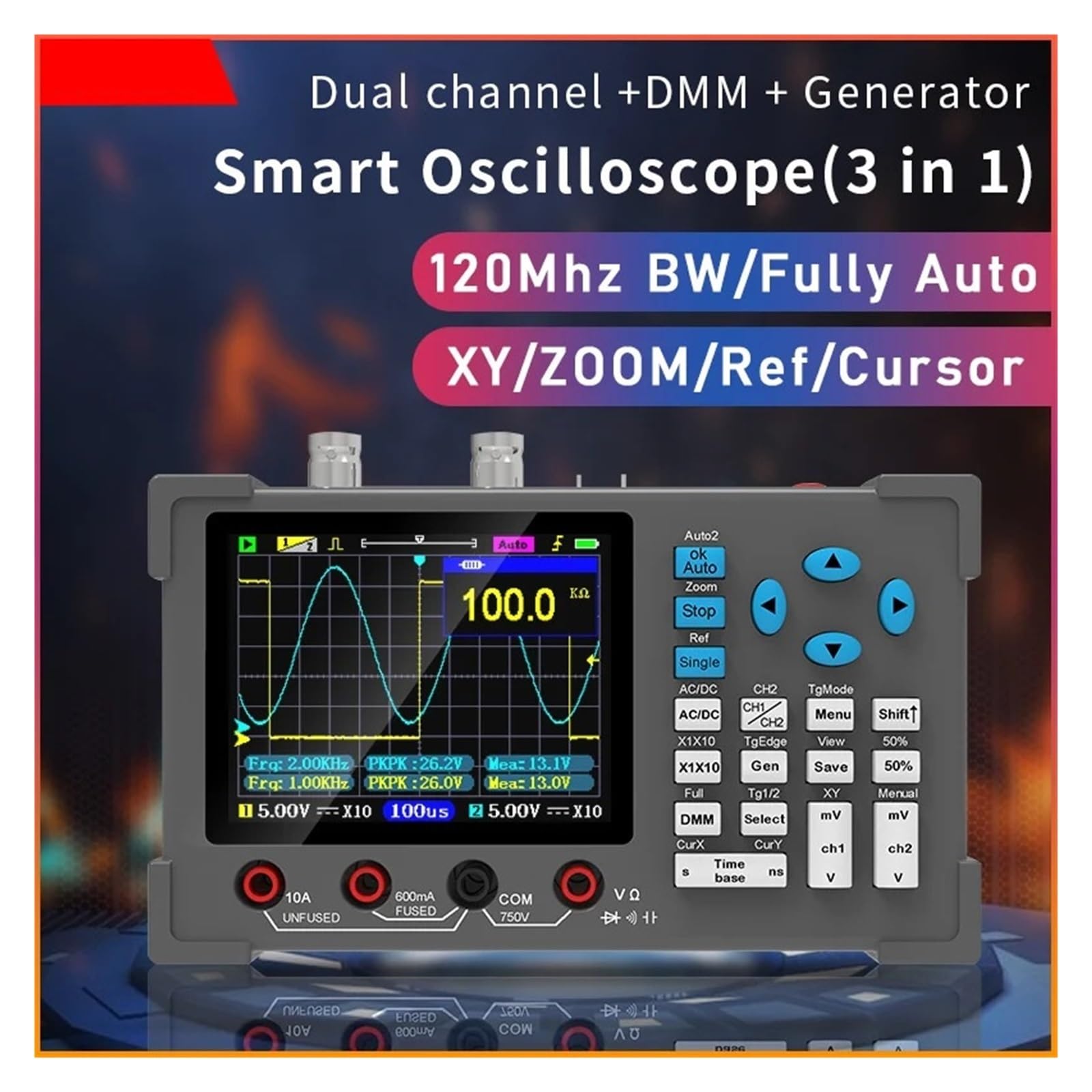 Osciloscopio digital, Osciloscopio digital 3 en 1, multímetro de 2 canales 120 MHz y generador señal