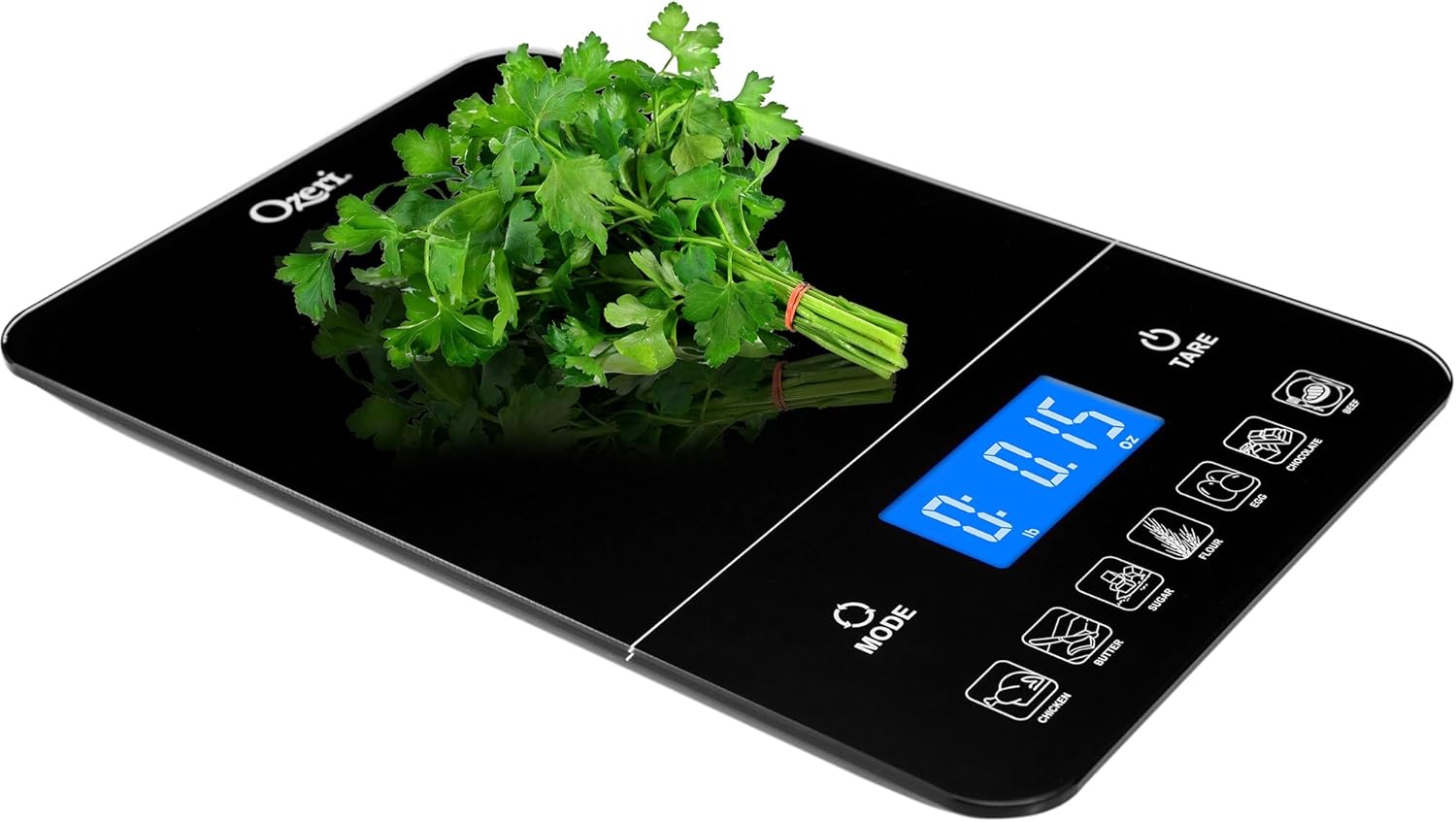 Ozeri ZK19 scale with a bunch of fresh parsley on the weighing platform, displaying '0.05 oz'.