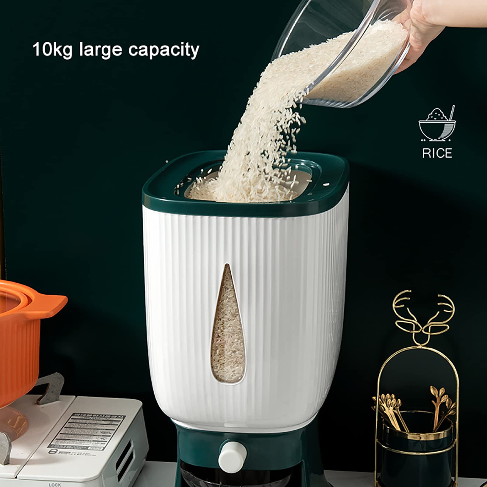 Contenedor de Almacenamiento de Arroz, Contenedor de Grano Sellado Grande de 10 Kg, Dispensador de Alimentos Secos, Cubo Dispensador de Cereales Doméstico a Prueba de Humedad para Cocina Maíz de Soj