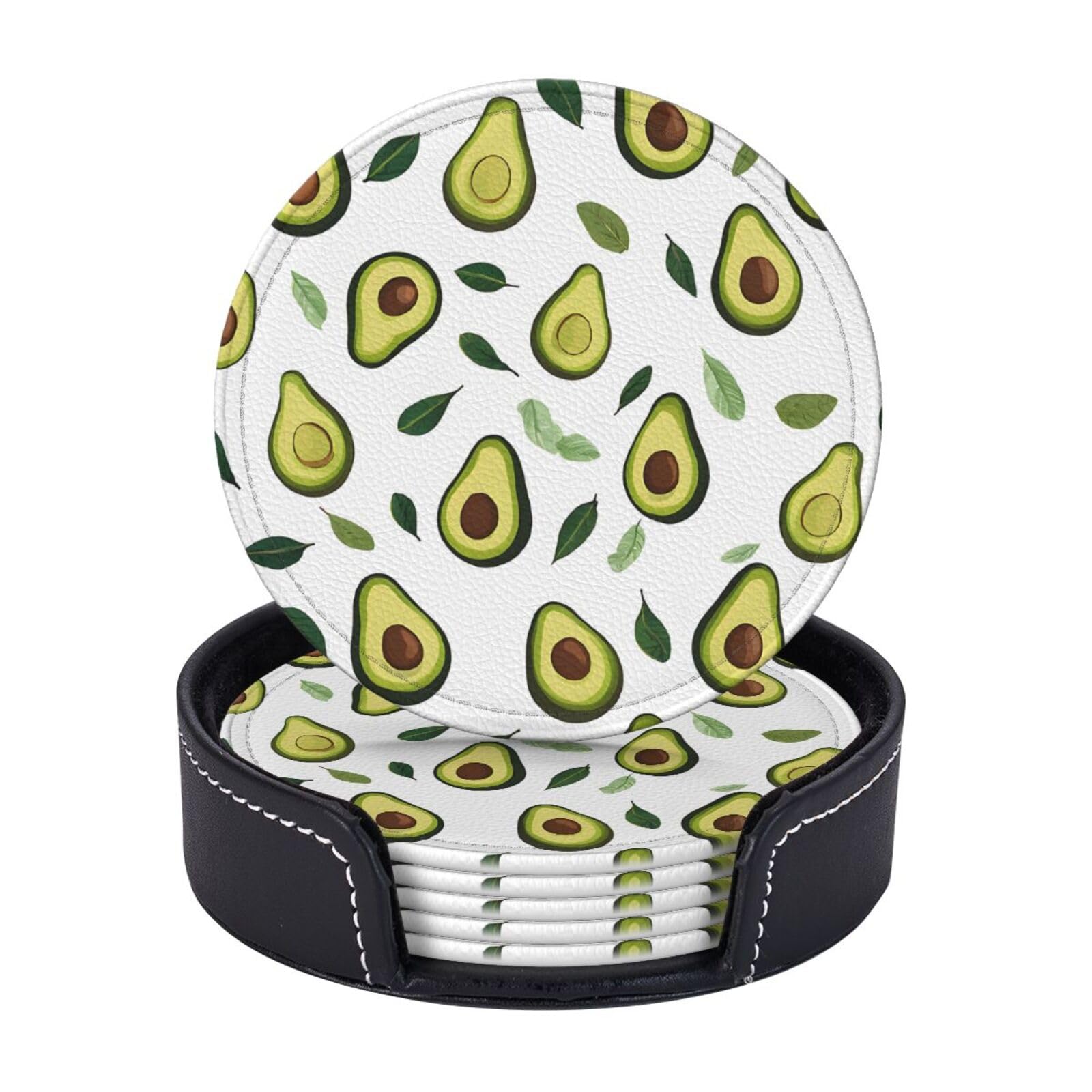 Coasters Set of 6 Microfiber PU leather Coasters with Holders for Drinks Coffee Bar Accessories, House Apartment Coffee Table Decor, Housewarming Gifts - Avocado