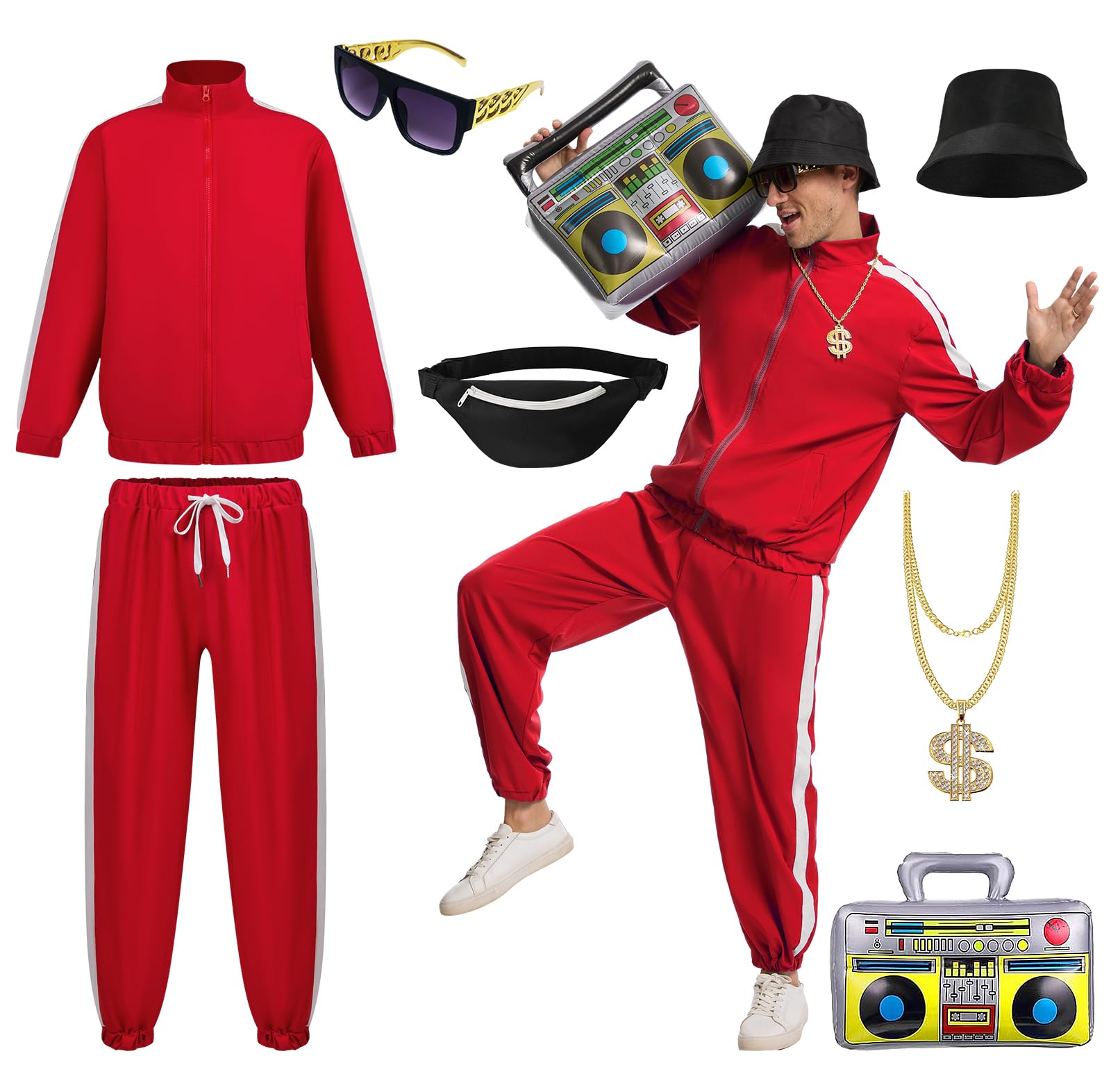 JDFAIJEAL Hiphop Costume Set for Men – Black Tracksuit with Hat, Glasses, Gold Round Necklace, Fanny Pack & Boombox Balloon – Hip Hop Outfit for Party, Halloween, Cosplay (Red, S)