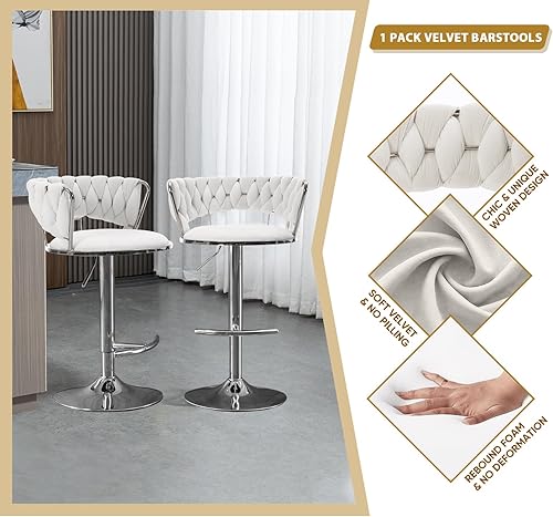Miniatura 3 de Juego de 2 taburetes de bar giratorios de terciopelo, taburete de bar ajustable con respaldo tejido, sillas de comedor tapizadas, taburetes de bar