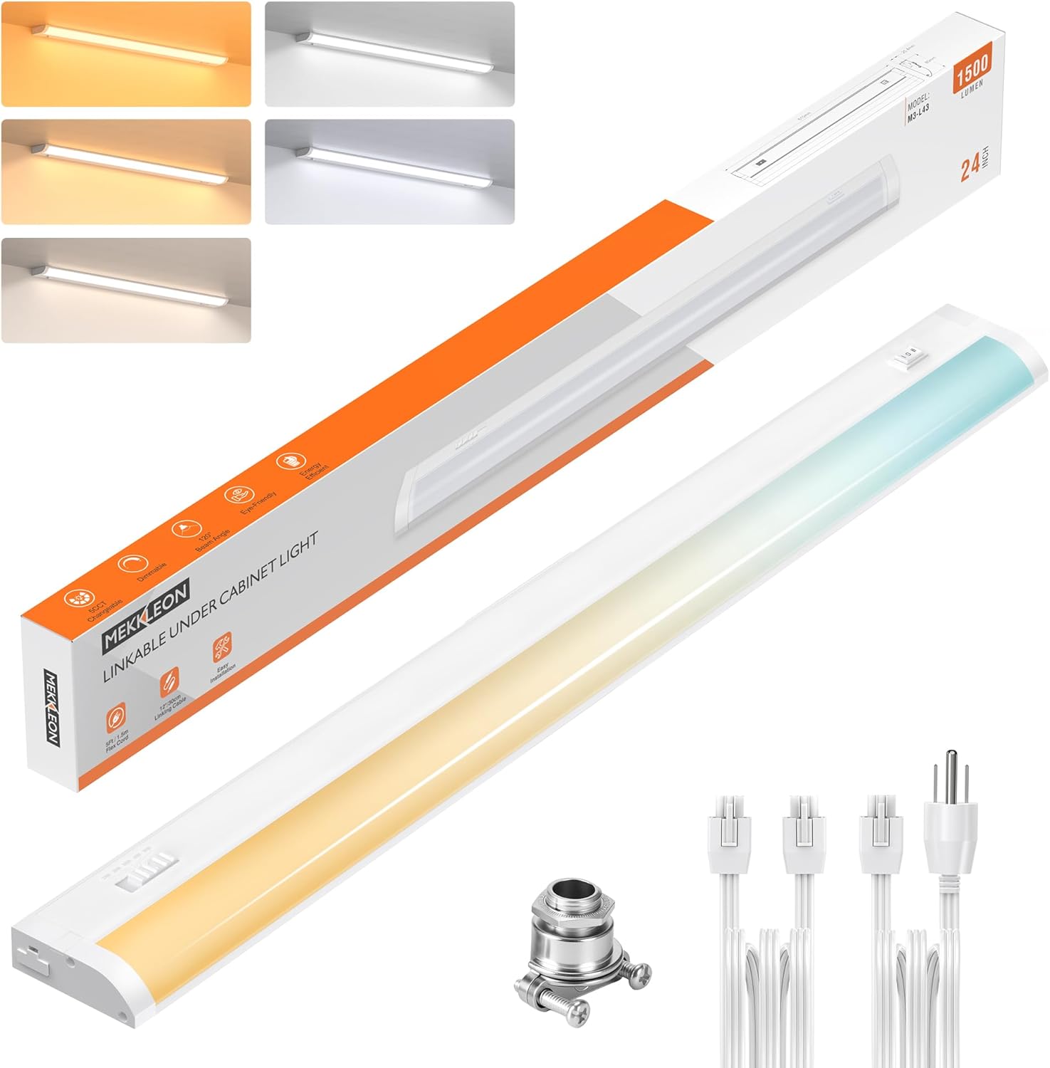 24inch Linkable Under Cabinet Lighting Hardwired Plug-in, Wired led Under Cabinet Lights with 5 CCT (2700/3000/3500/4000/5000) & Dimmable, Under Counter Lights for Kitchen, 15W, 1500LM, 1 Pack