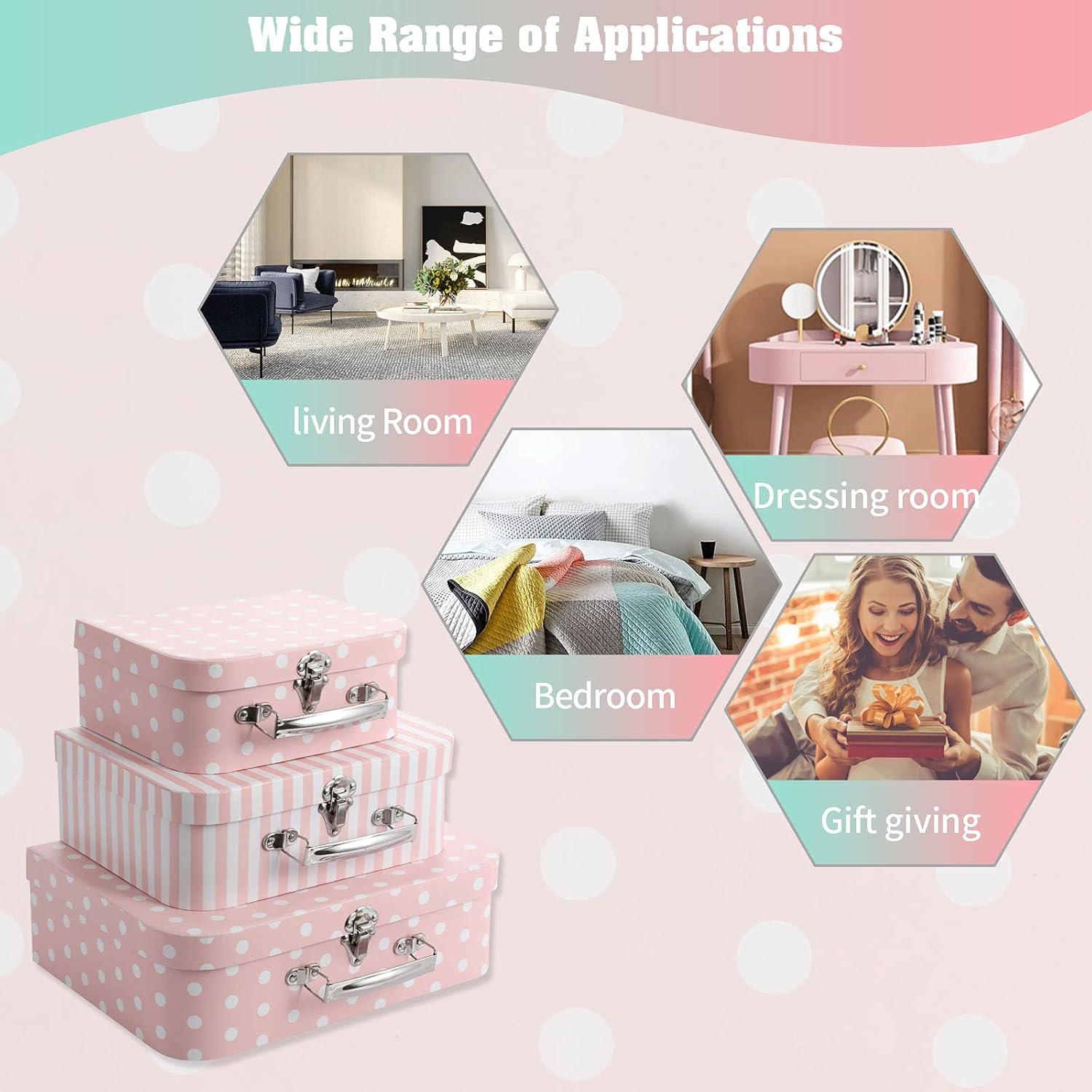 Set of 3 Paperboard Suitcases Storage Box Storage for Photo Storage Home Decoration, Wedding, Birthday, Anniversary and New Year Gift Decoration (3Pcs, Pink Dots and Stripes)
