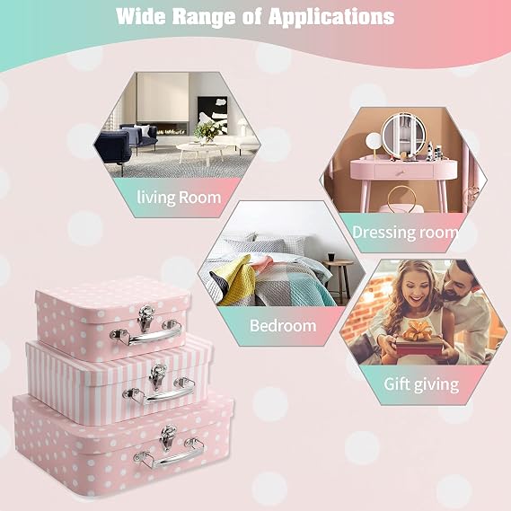 Set of 3 Paperboard Suitcases Storage Box Storage for Photo Storage Home Decoration, Wedding, Birthday, Anniversary and New Year Gift Decoration (3Pcs, Pink Dots and Stripes)