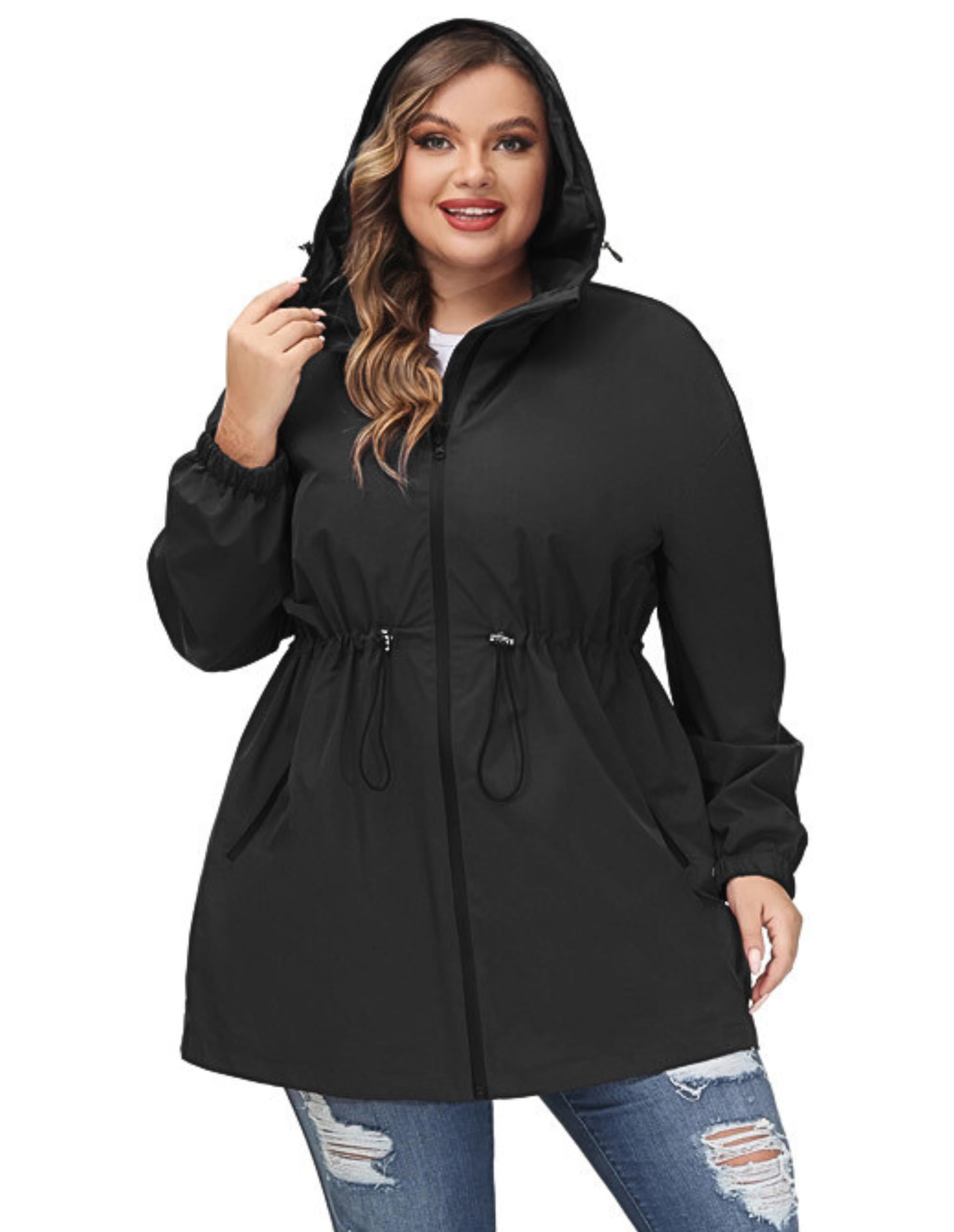 Hanna NikoleWomen's Plus Size Long Hooded Raincoat Lightweight Waterproof Windbreaker Jacket
