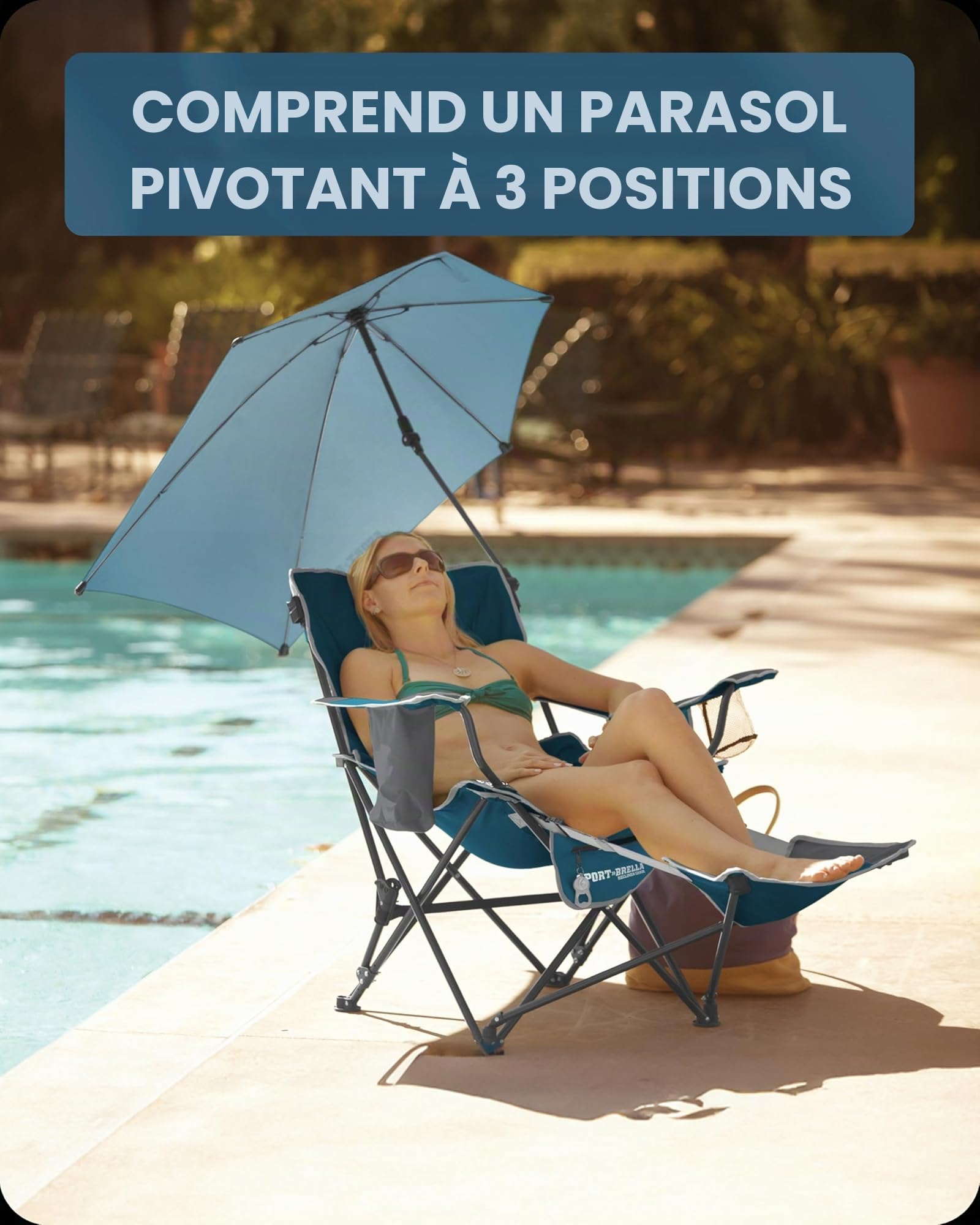 Sport-Brella Chaise Pliante Fauteuil inclinable Fauteuil de Relaxation à 3 Positions avec Parapluie Amovible, Bleu Nuit