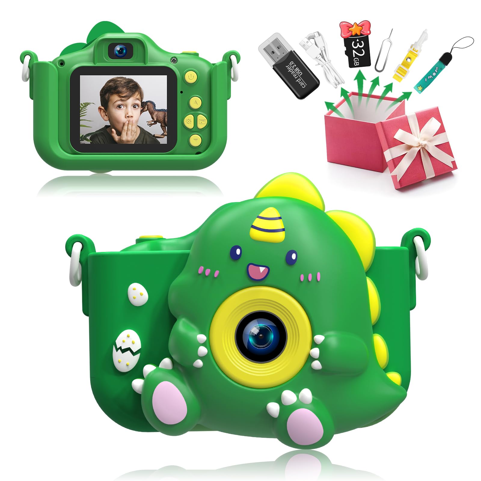 Kids Camera,Kids Camera for Boys Kids Girls，Dinosaurs Gifts for Boys Age 3-12, 1080P HD Video Camera for Toddler, Christmas Birthday Easter Gifts Toys for 3 4 5 6 7 8 9 Year Old with 32GB SD Card