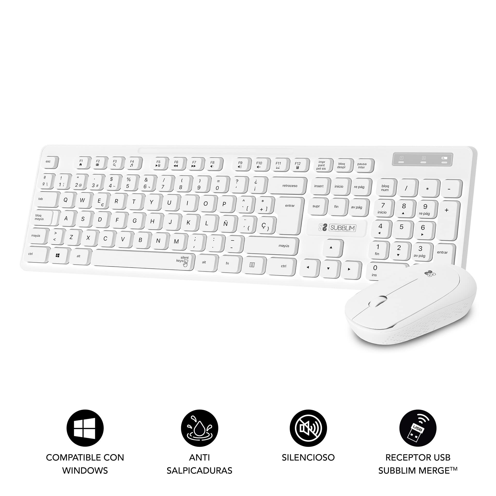 SUBBLIM Combo Teclado y Ratón Business Slim Silencioso Inalámbrico 2.4G Blanco Teclas Planas Resistente A Salpicaduras Merge Technology Diseño Delgado Y Completo Ratón Inalámbrico Ergonómico