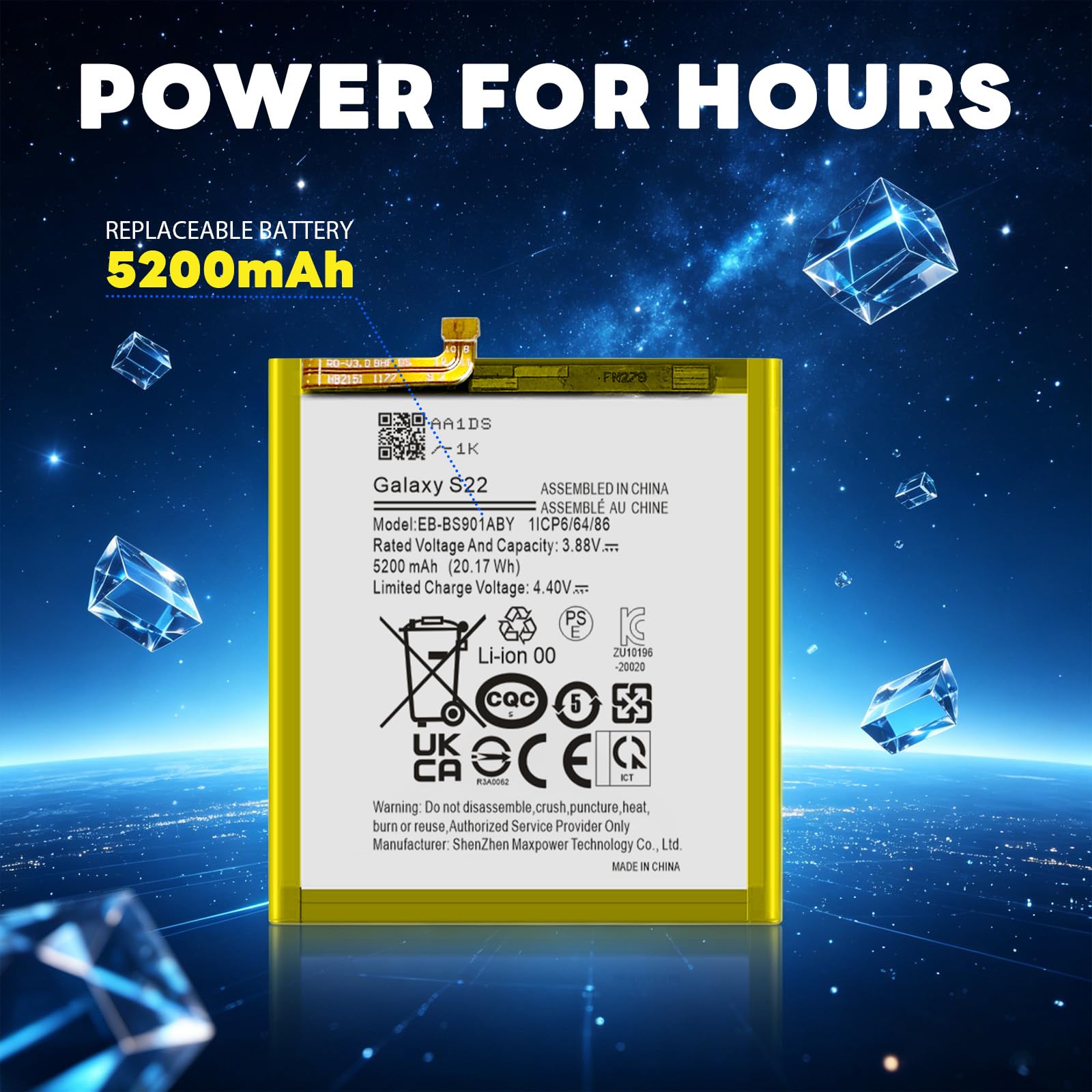Akku für Galaxy S22, 5200 mAh EB-BS901ABY Ersatzakku für S22 5G SM-S901 S901B S901F S901E S901N S9010 S901U S901W mit Reparatur-Tool-Kit