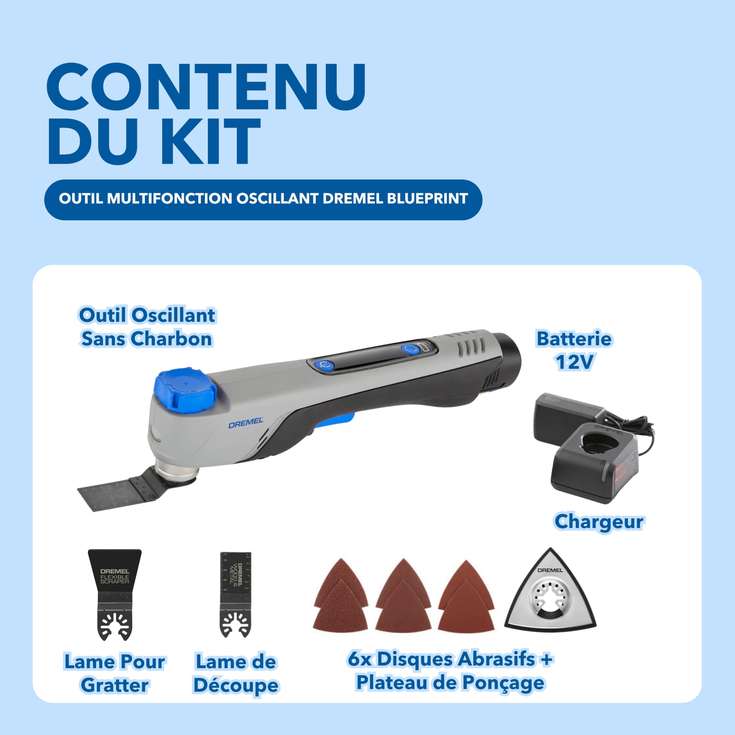 Dremel Blueprint 12V Outil Multifonction Oscillant Sans Charbon avec Sélecteur d’Application (avec Lame de Coupe et de Grattage, 6 Disques Abrasifs, Plateau de Ponçage, Chargeur+Batterie)