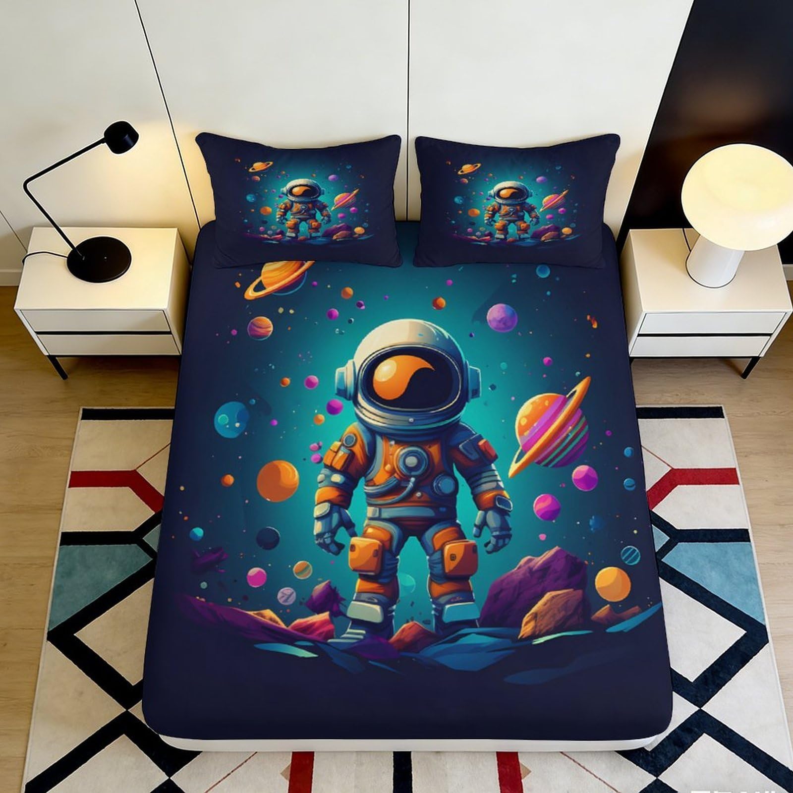 3D Printed Astronaut Space Fitted Sheet Microfiber Soft Breathable Cosmic Planets Mattress Cover for Bedroom Dorm Dormitory Guest Room Protection Decoration 90x200x25cm