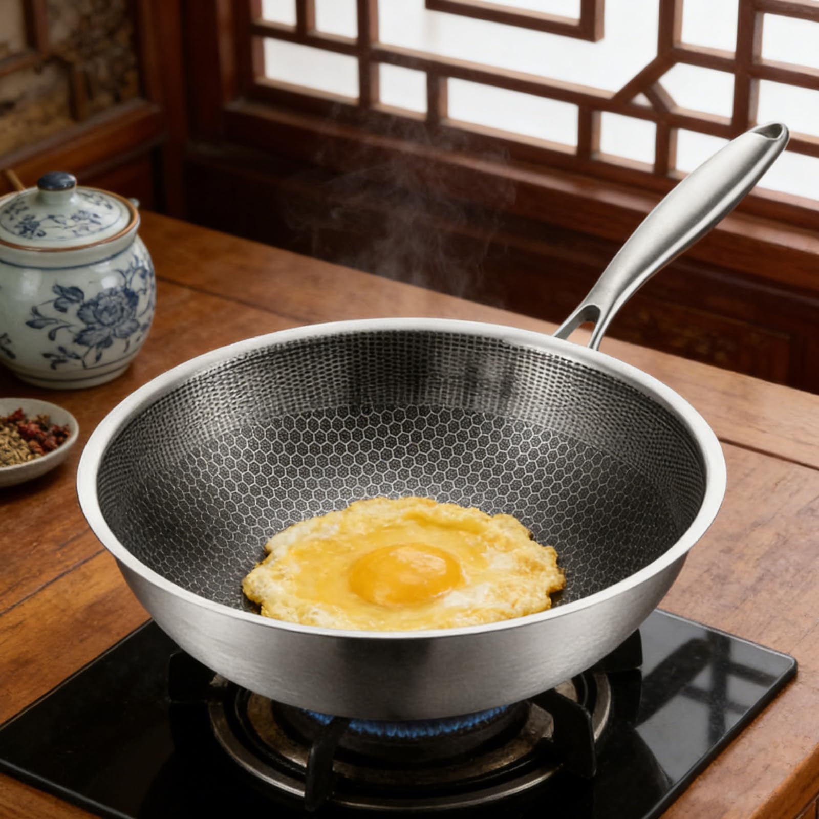 jojofuny Wok in Acciaio Inossidabile con Finitura a Nido D'ape, Padella Profonda Versatile per Cucina su Fornelli a Gas, Distribuzione Uniforme del Calore, Manico Ergonomico