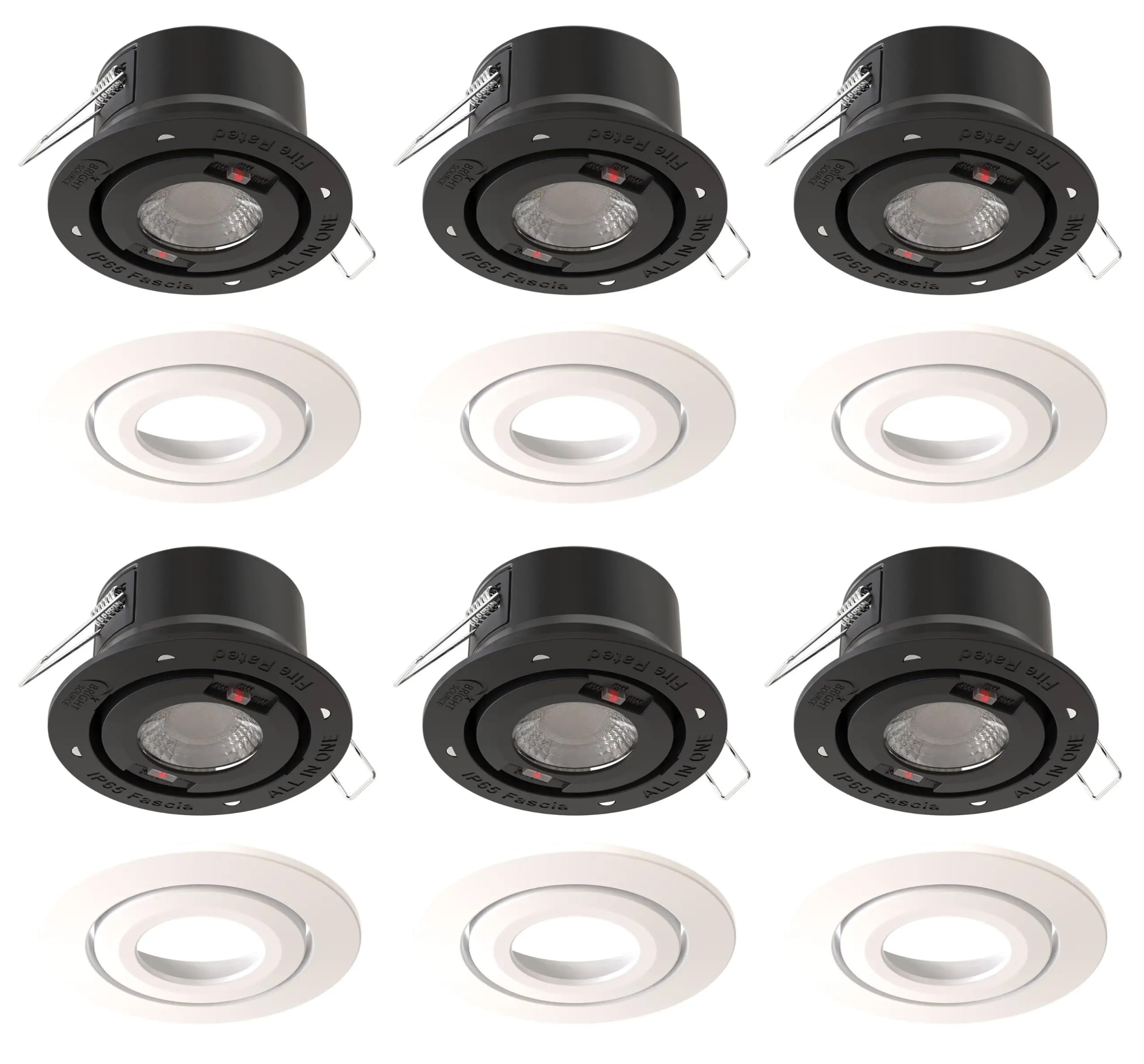 Bright Source All in One Integrated LED Downlight, TRIAC Dimmable, IP65, 3 Wattage Settings 4W/6W/8W, Switchable Colour 2700K 3000K 4000K 6000K Warm Cool Daylight, White Bezel, Tilt Function, 6 Pack