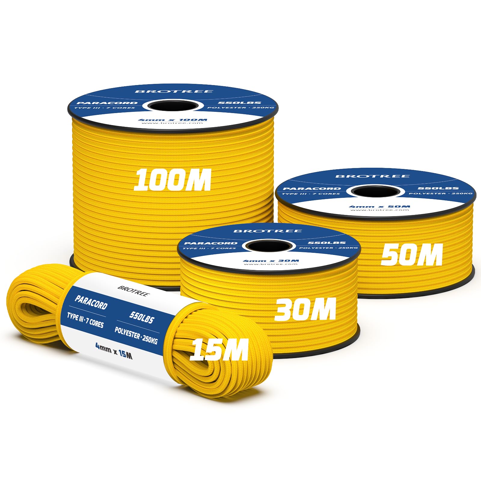 Brotree 550 Paracord 4mm 30m Rope Type III 7 Strands 100% Polyester Parachute Cord for Crafting, Camping, Outdoor, Survival - Golden Yellow