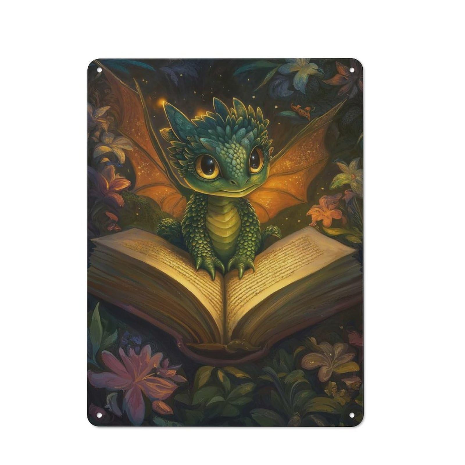 Junmoney Style-24 Baby Dragon Book Fantasy Vintage Tin Wall Plaque 40X30cm For Hobby Room Or Studio, A Decorative Metal Sign For Hobby Rooms And Studios