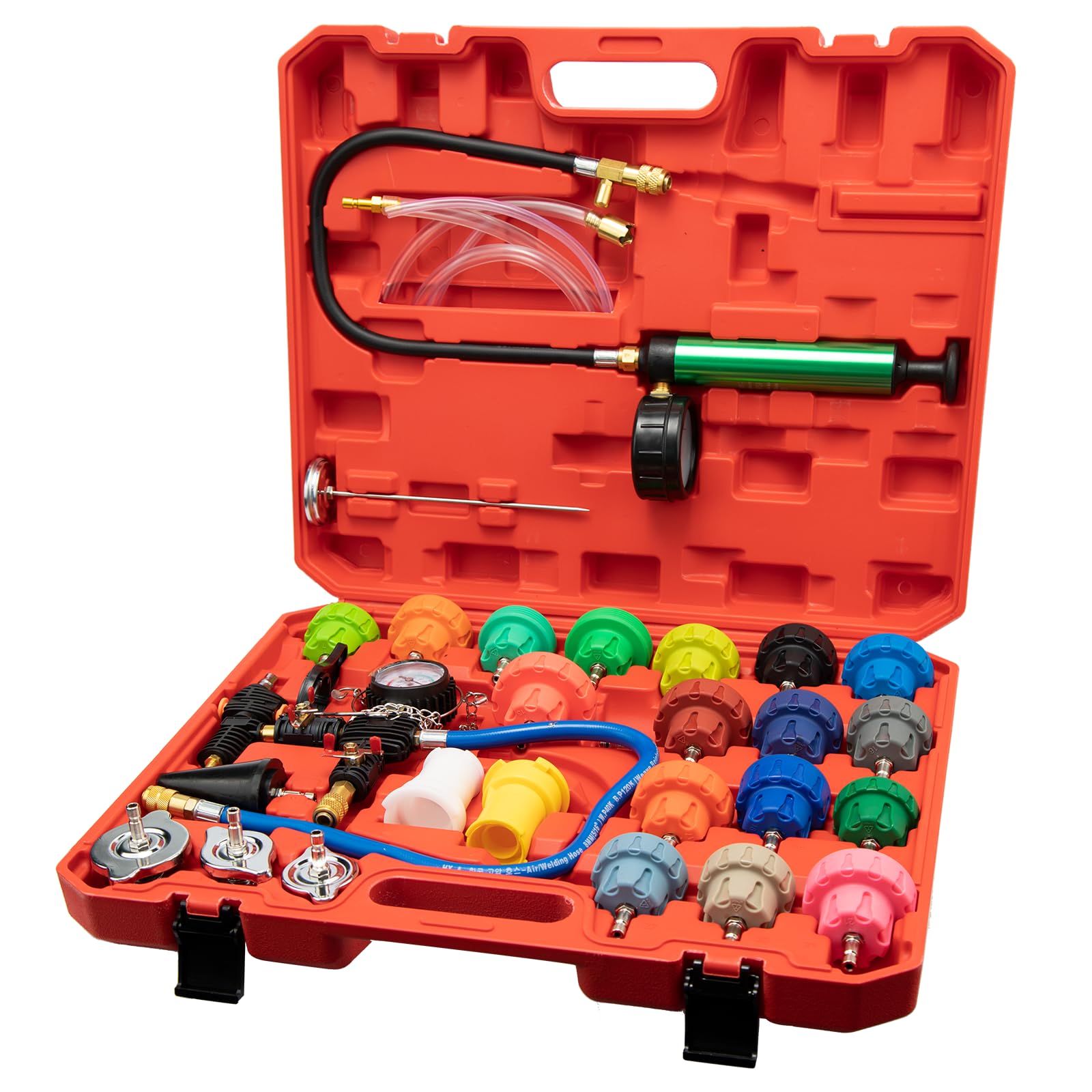 28 Piezas Sistema de Refrigeración Tester Probador de Presión Universal del Radiador y Sistema de Enfriamiento Maletín de Prueba de Aire Comprimido para Coche