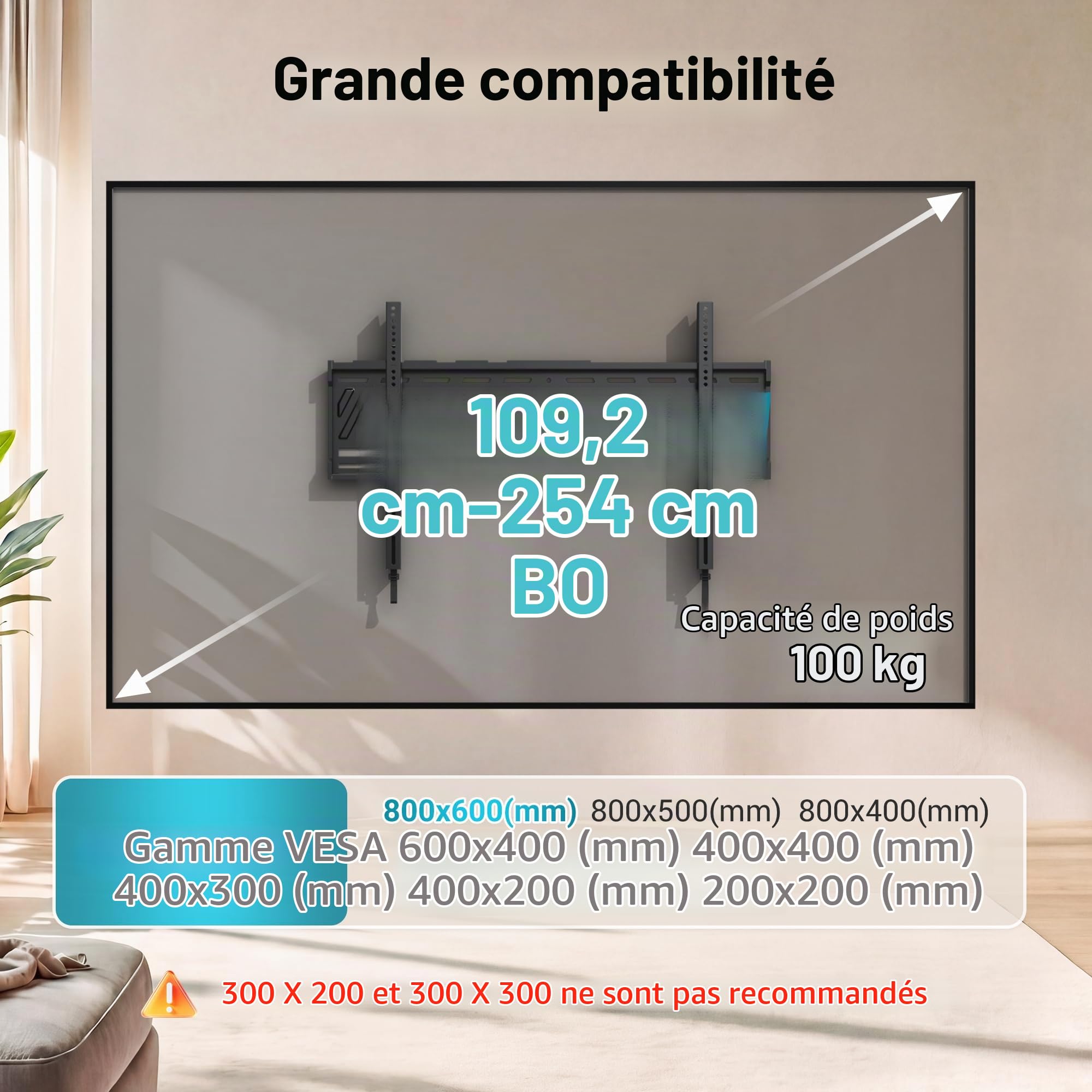 BONTEC Support Mural TV Fixe Ultra-Fin, 43-100 Pouces, Charge 100 kg | VESA max 600x400mm, Inclinaison et pivotement réglables, Pour LCD LED téléviseurs plats ou incurvés
