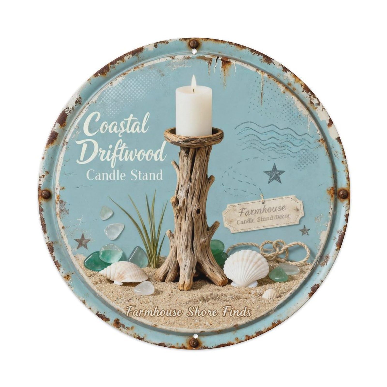 Driftwood Candle Stand Metal Tin Sign Plaque