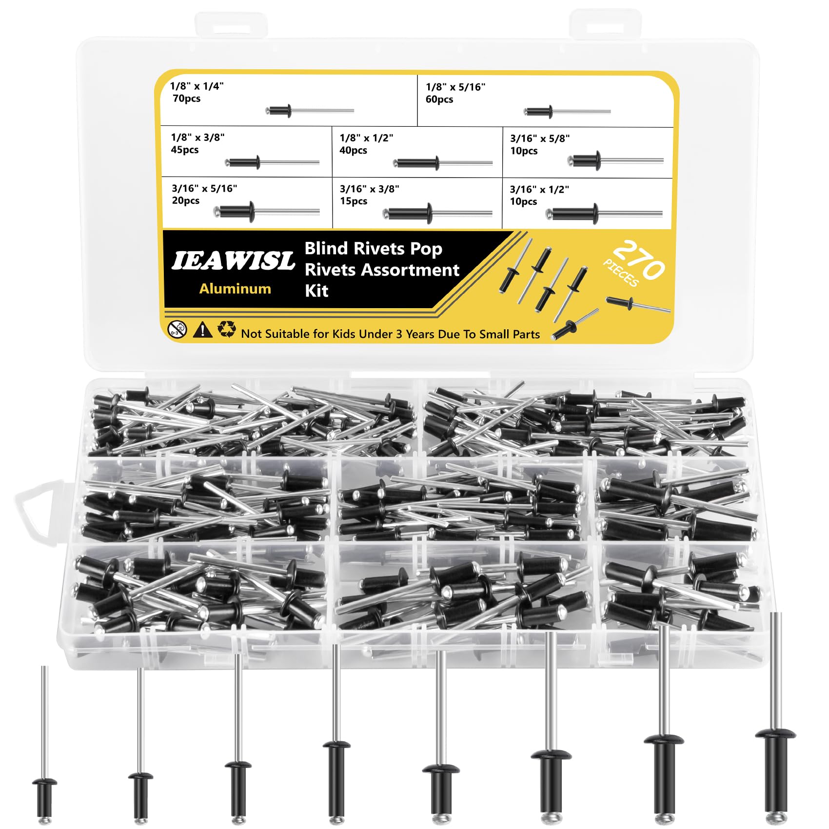 270PCS Pop Rivets, 8 SAE Sizes Aluminum Blind Rivets Assortment Kit (1/8" 3/16") for Airplanes, Ships, Rails and DIY（Black）