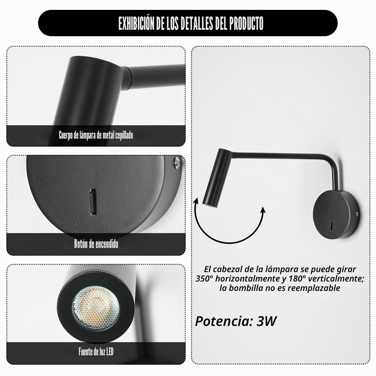 zhxinashu Aplique pared Interior LED Modernas, Lámpara de Lectura Brazo Oscilante Regulable 350° – Blanco Cálido, Aplique pared Industrial de 3W para Dormitorio, Salón, Cabecera de Cama(Negro)