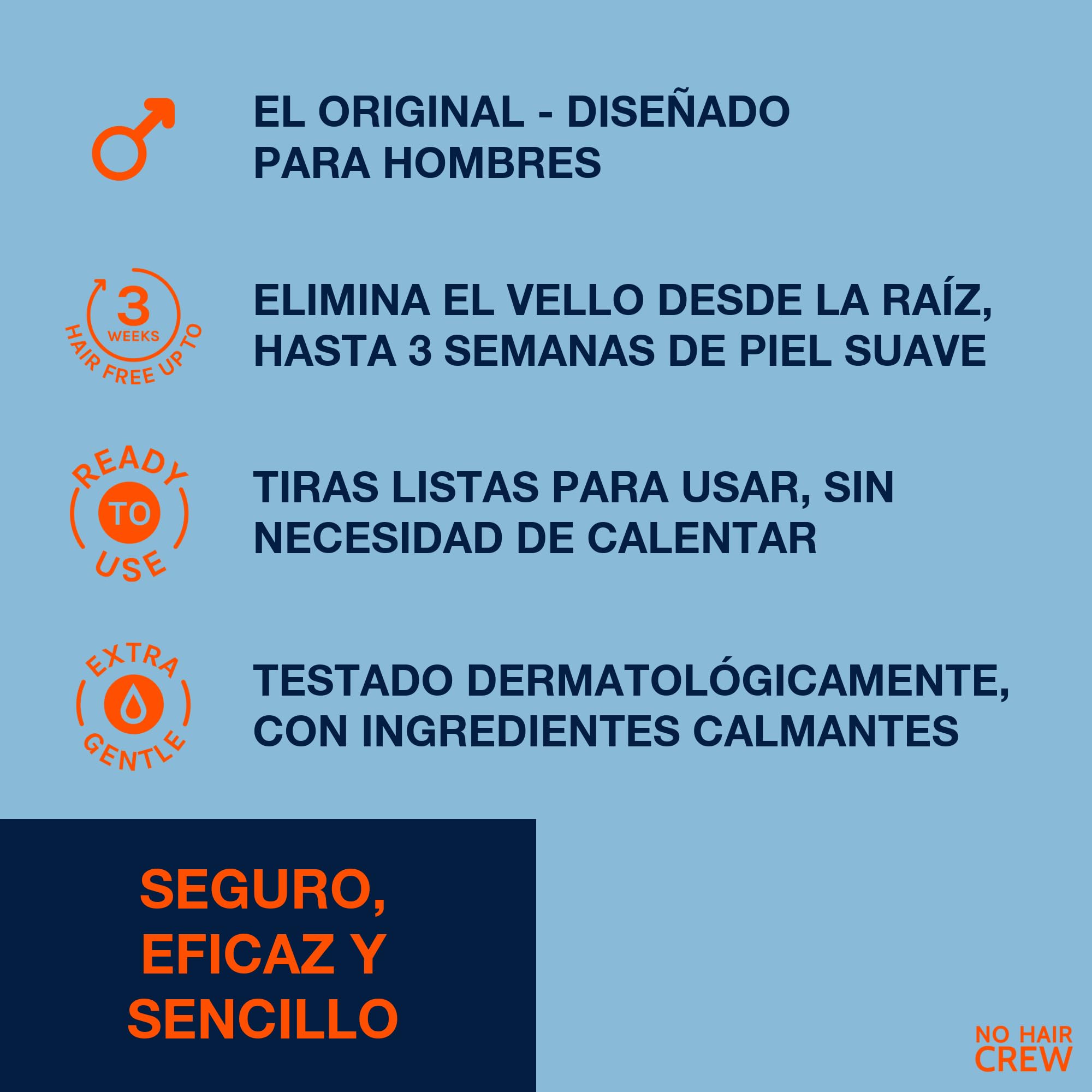 NO HAIR CREW 6x20 Bandas Depilatorias Hombre – Hasta 3 Semanas Sin Vello | Para pecho, espalda, brazos y piernas. Elimina el vello de raíz para una piel suave y un crecimiento más suave.