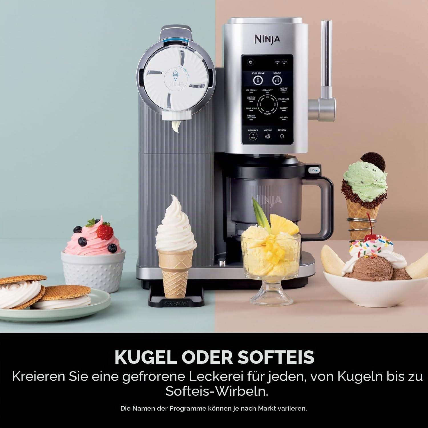 Ninja CREAMi Scoop and Swirl Soft Serve und Eismaschine mit 2x Dosen, 13 Funktionen, macht Eis, Softserve, Gelato, Sorbet, Milchshakes und mehr, Mix-In Option, Platinum Silver, NC701UK
