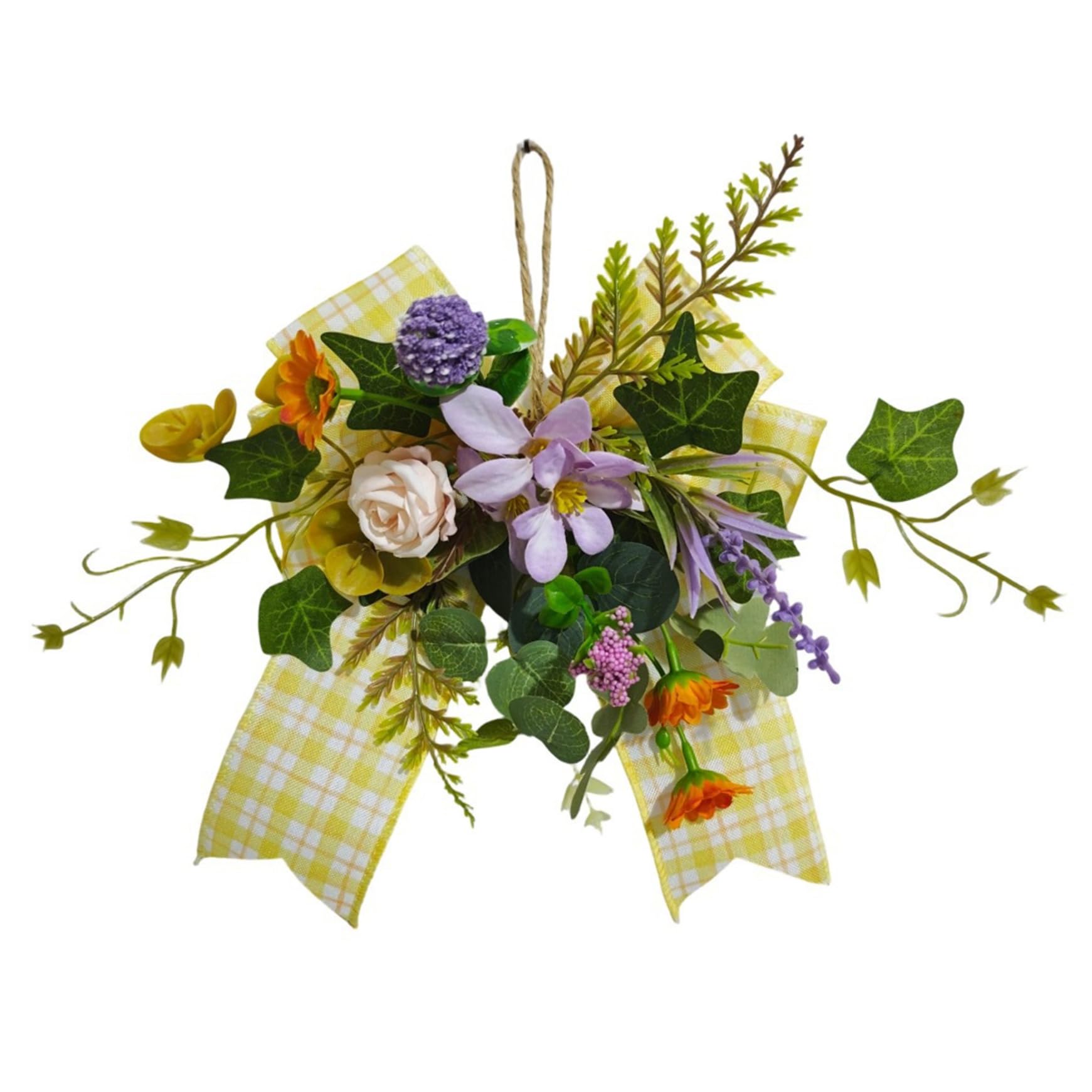 Tsawntd Wreaths, Spring Door Wreath, 25cm Violet Bow Floral Wreath with Artificial Flowers for Front Door Decoration, Indoor Outdoor Hanging Wall Decor