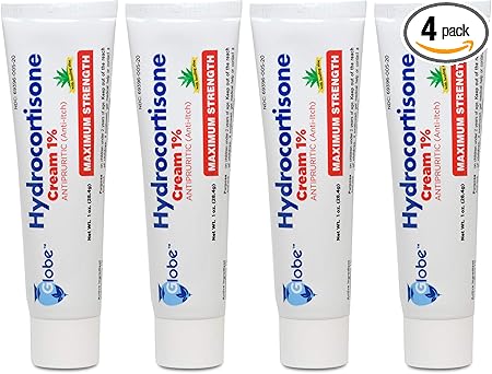 Globe (4 Pack) Hydrocortisone Maximum Strength Anti-Itch Cream 1% w/Aloe, Intensive Formula for Redness, Rash, Bug & Mosquito Bites, Eczema, Hemorrhoids, Sensitive Skin, Instant Itch Relief,1 oz Tube