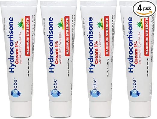 Globe (4 Pack) Hydrocortisone Maximum Strength Anti-Itch Cream 1% w/Aloe, Intensive Formula for Redness, Rash, Bug & Mosquito Bites, Eczema, Hemorrhoids, Sensitive Skin, Instant Itch Relief,1 oz Tube