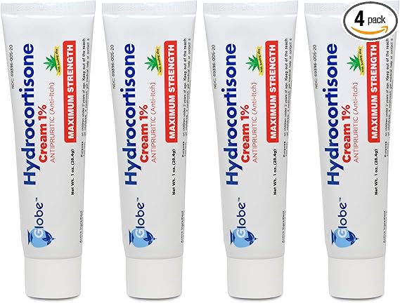 Globe (4 Pack) Hydrocortisone Maximum Strength Anti-Itch Cream 1% w/Aloe, Intensive Formula for Redness, Rash, Bug & Mosquito Bites, Eczema, Hemorrhoids, Sensitive Skin, Instant Itch Relief,1 oz Tube