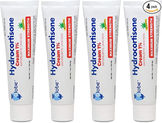 Globe (4 Pack) Hydrocortisone Maximum Strength Anti-Itch Cream 1% w/Aloe, Intensive Formula for Redness, Rash, Bug & Mosquito Bites, Eczema, Hemorrhoids, Sensitive Skin, Instant Itch Relief,1 oz Tube