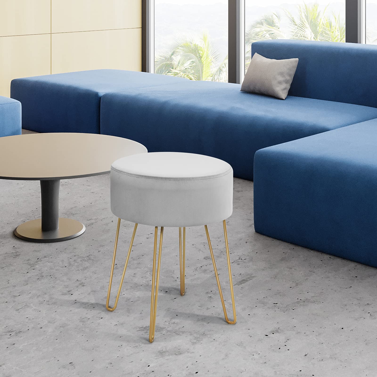 GIANTEX Tabouret Coiffeuse en Velours, Chaise Coiffeuse Chambre avec Pieds Dorés en Métal, Pouf Ottoman Rond, Repose-Pieds, Tabouret Velours pour Chambre, Salon, Vestiaire (Gris)