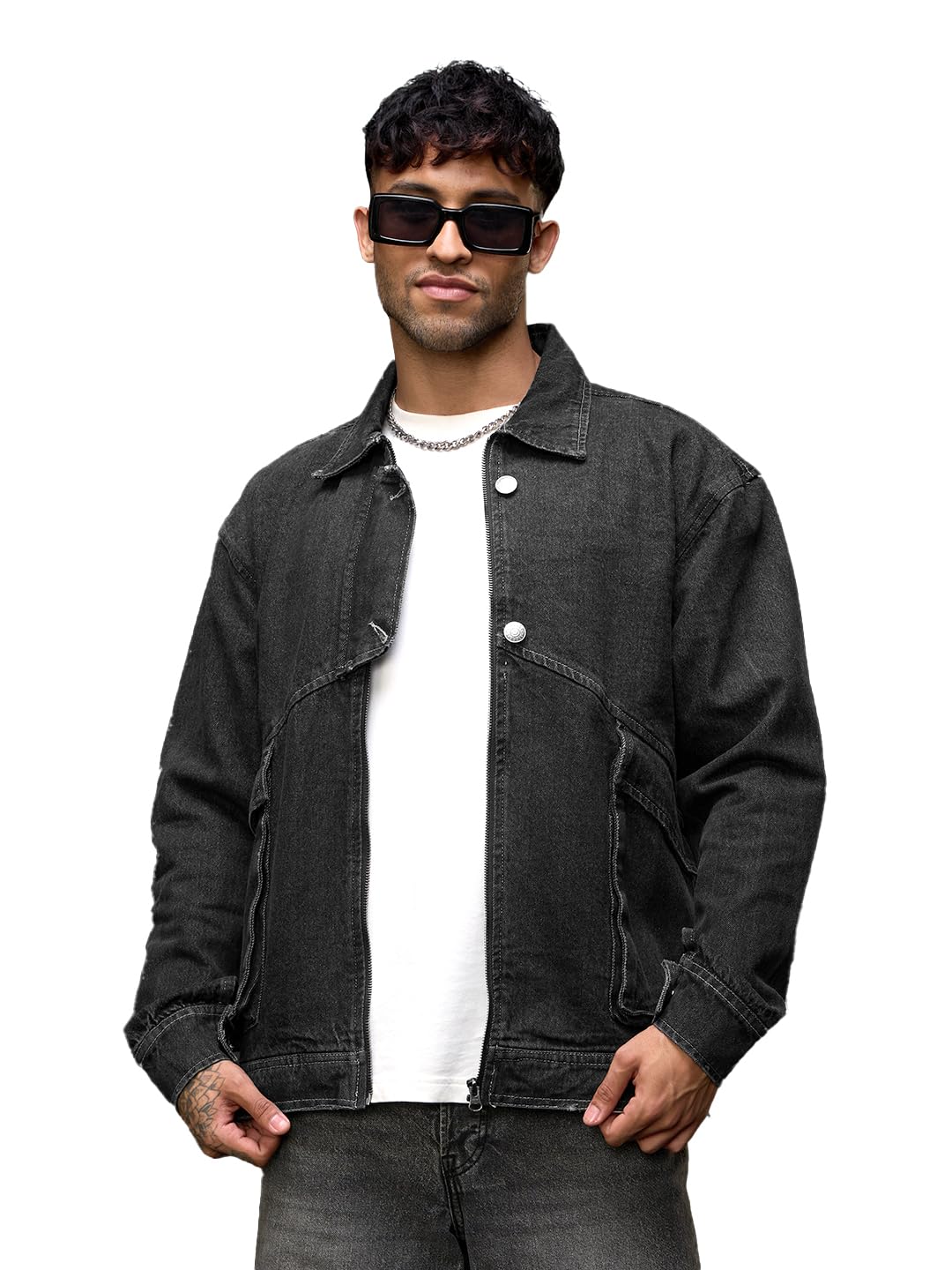 Denim Jacket: Midnight Men and Boys Full Sleeves Spread Collar Black Solid Cotton Spandex Regular Fit Lightweight Everyday Denim Jacket-image-41