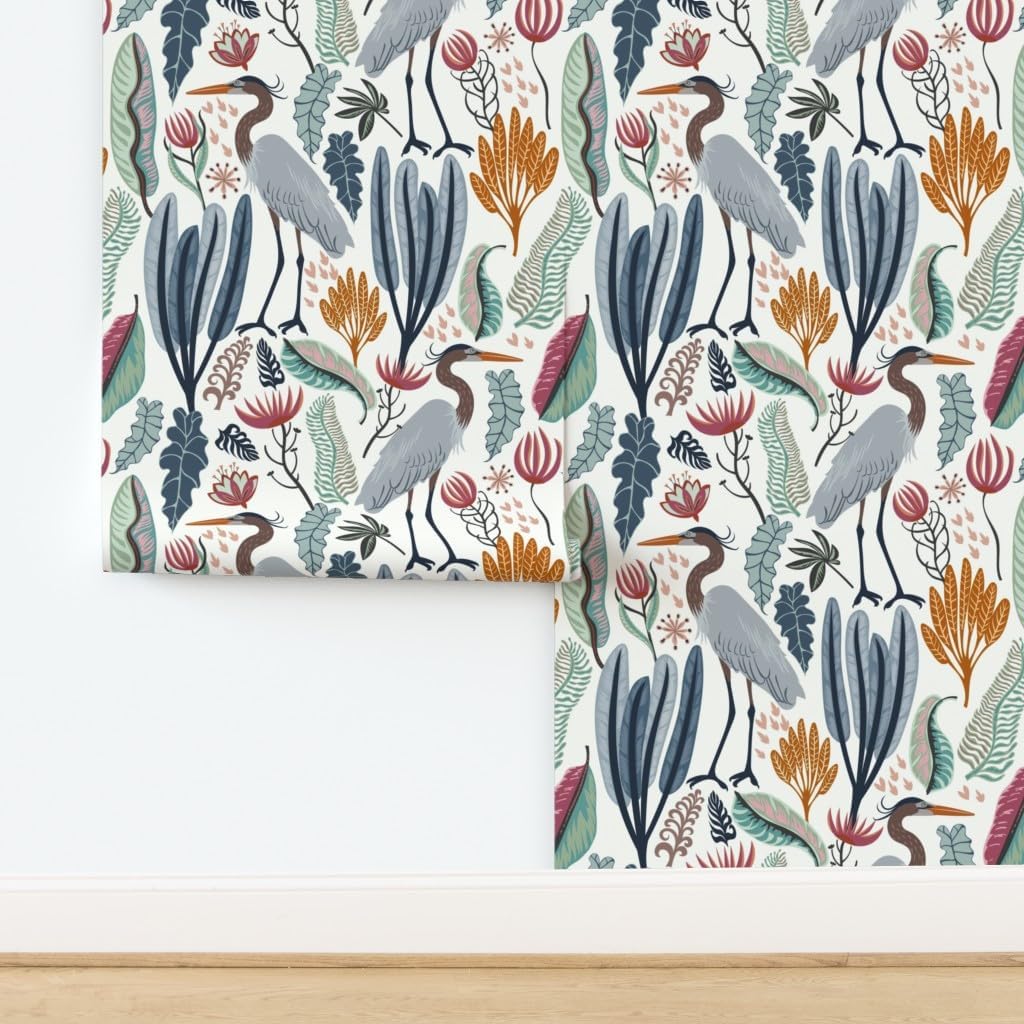 Removable Wallpaper 9ft x 2ft - Heron Botanical Large Scale Cranes Marshland Habitat Custom Pre-Pasted Wallpaper by Spoonflower