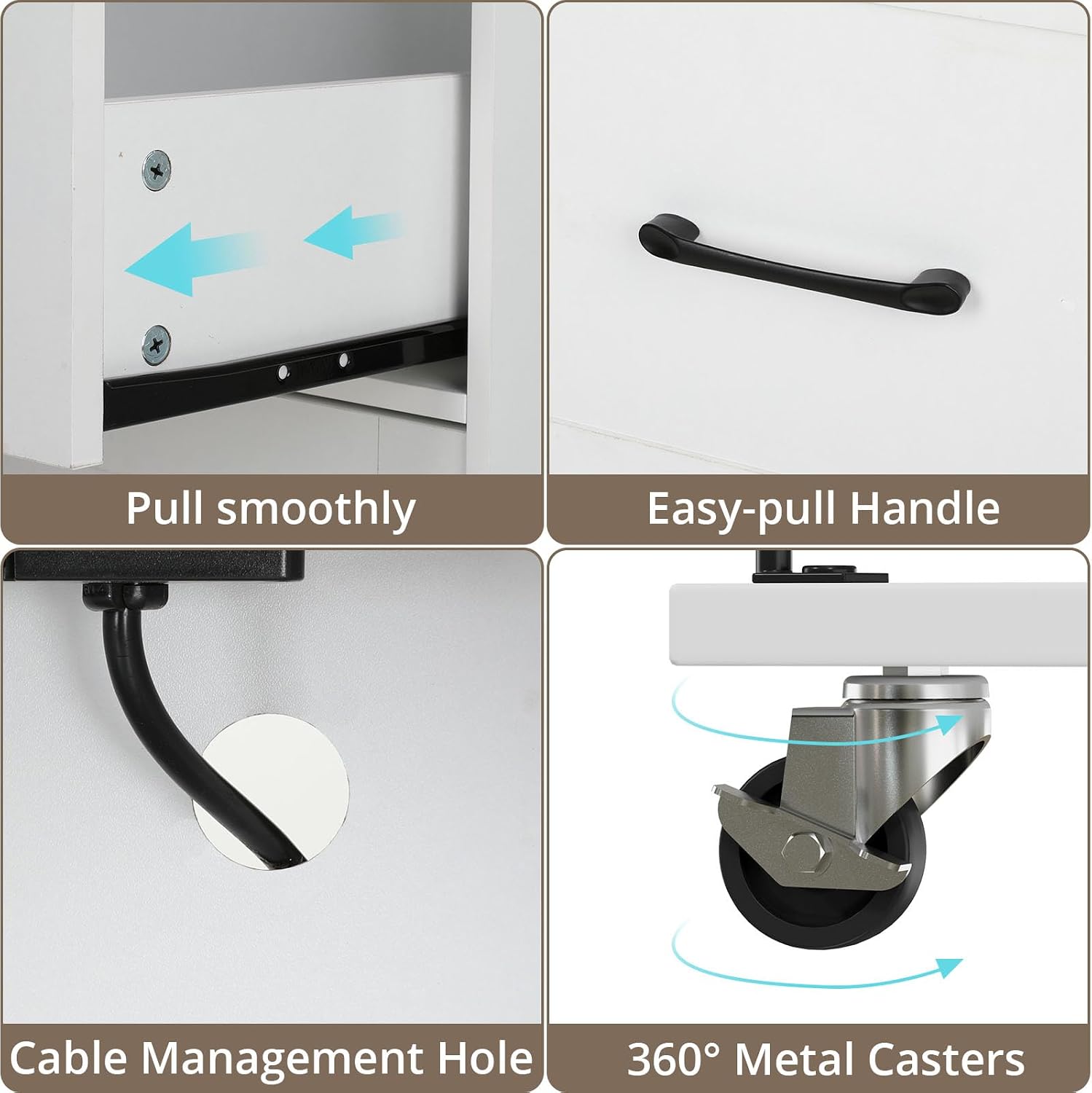 Close-up images showing smooth drawer pull mechanism, easy-pull handle, cable management hole, and 360-degree metal casters