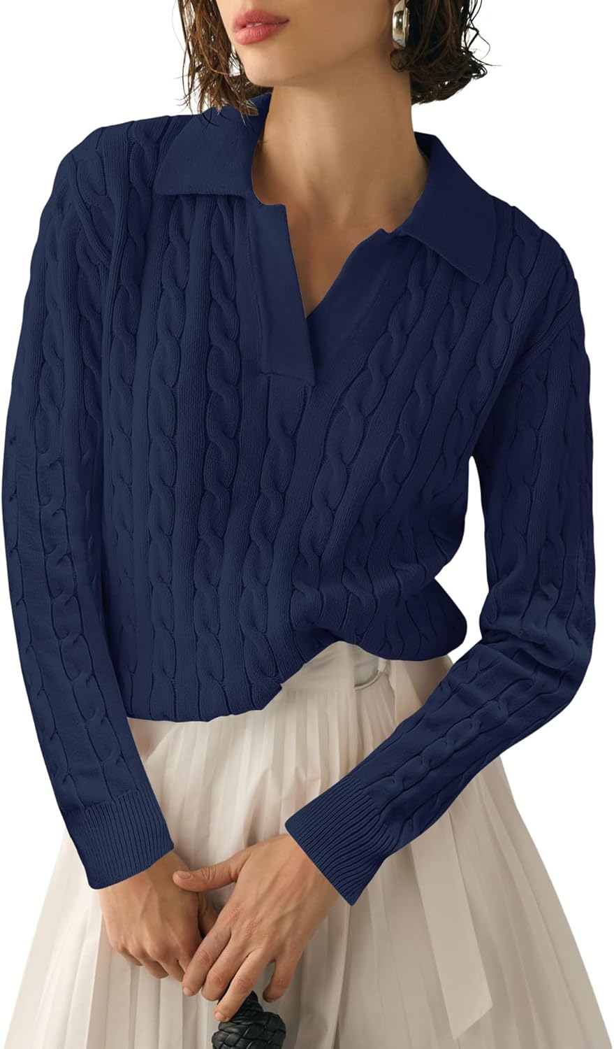 Micoson Womens Fall Long Sleeve Sweaters Lapel V Neck Cable Knitted Pullover Casual Soft Jumper Top