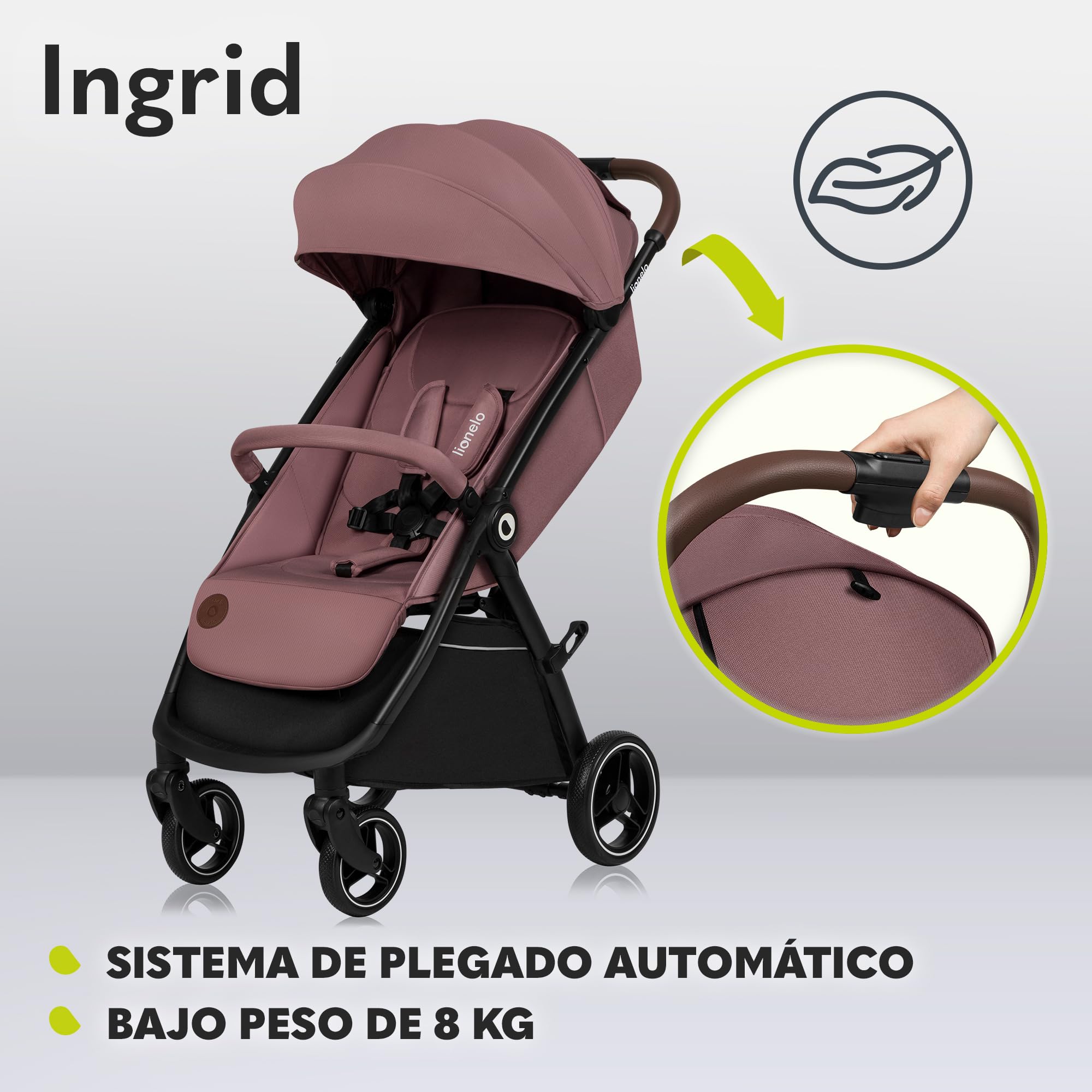 LIONELO INGRID Silla de paseo hasta 22 kg de 6 meses a 4 años Grandes ruedas giratorias 360° Suspensión total Se puede plegar con una mano Respaldo y reposapiés ajustables Capota XXL grande (Pink)