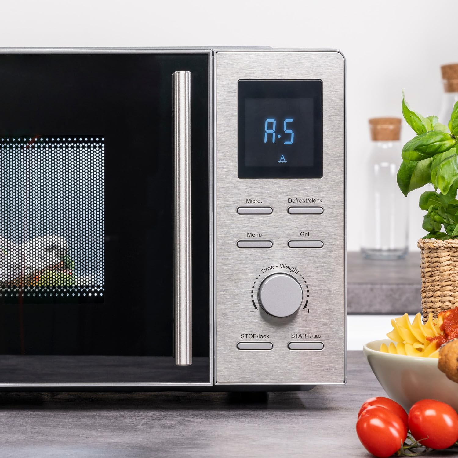 TZS First Austria microondas con función grill | 20L de capacidad (bruta) | función de inicio rápido | pantalla LCD | 8 programas automáticos | acero inoxidable