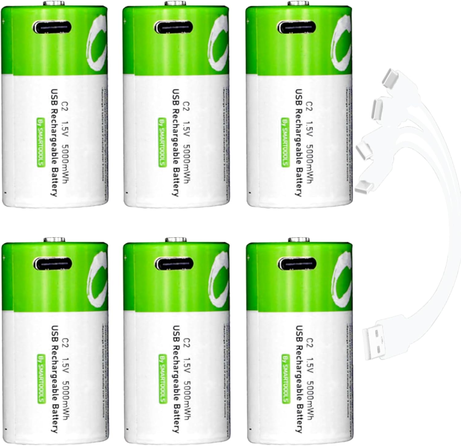 Rechargeable C Batteries 6 Pack,5000mWh Lithium Size C Batteries,1.5V C Cell Battery with USB Typle C Charge Cable Charger