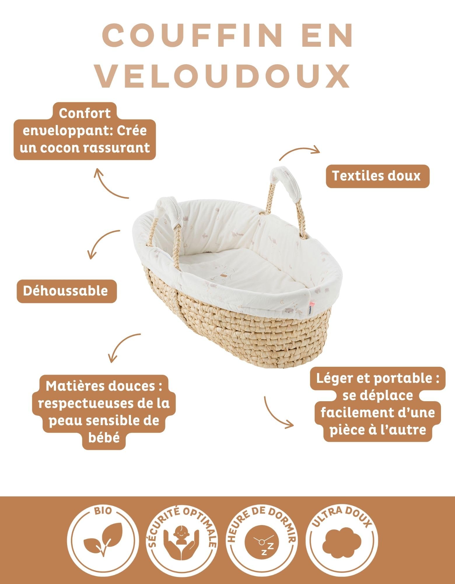 NOUKIE'S - Couffin pour bébé avec Habillage - Ecru - Veloudoux - Bali, Moka & Snow