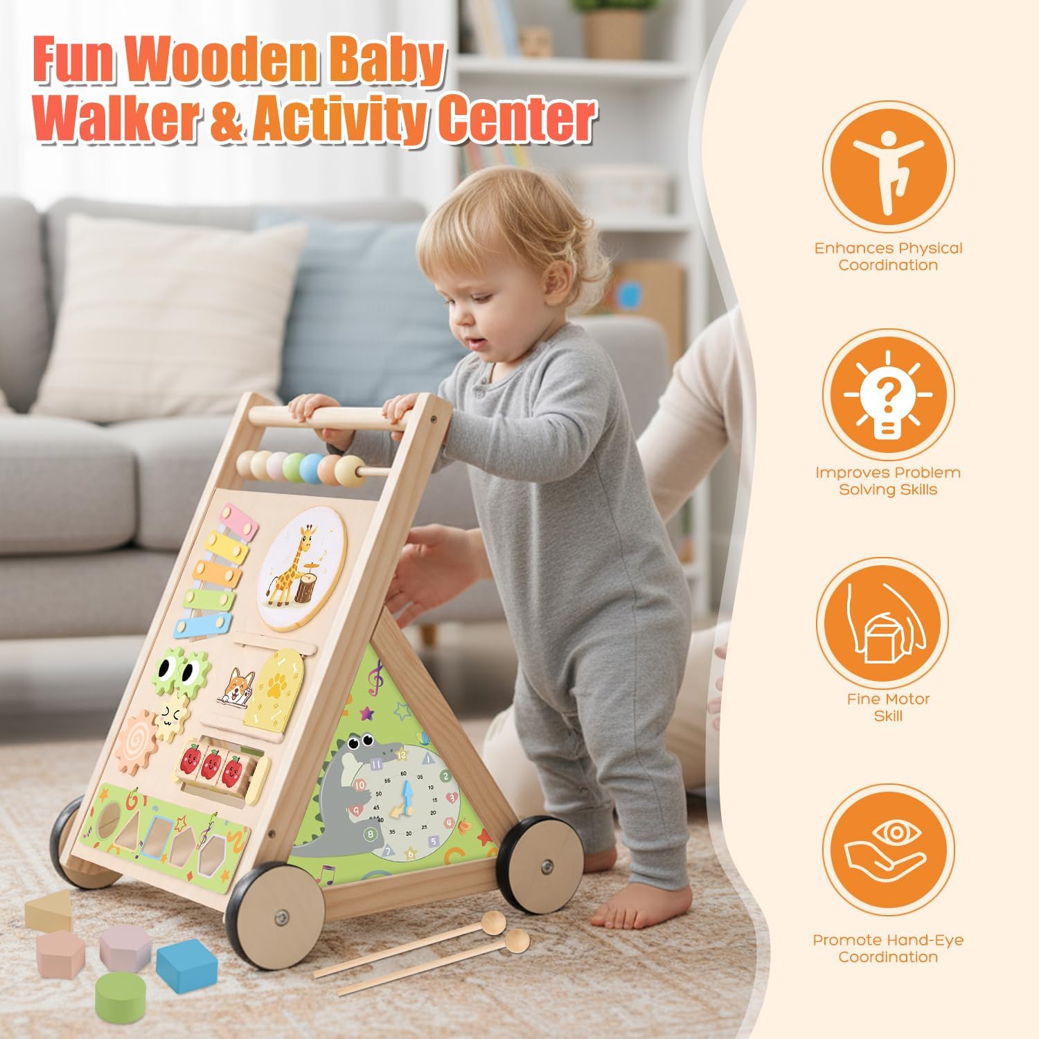 Wooden Baby Walker with Wheels Push Walker for Babies 6-12 Months Toddlers Montessori Walking Toys for 1 Year Old Learning to Walk Activity Center for 12-18 Months Boys Girls Gifts Color Sorting Toys