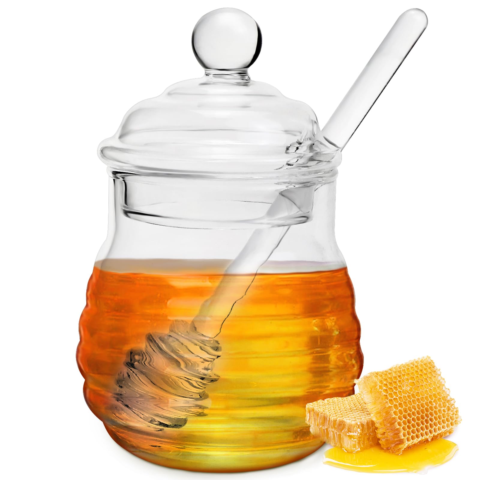 Dispensador de miel de 300 ml, tarro de miel con cuchara de miel, olla de miel sellada, tarro de miel de cristal para jarabe, colmena, almacenamiento de cocina