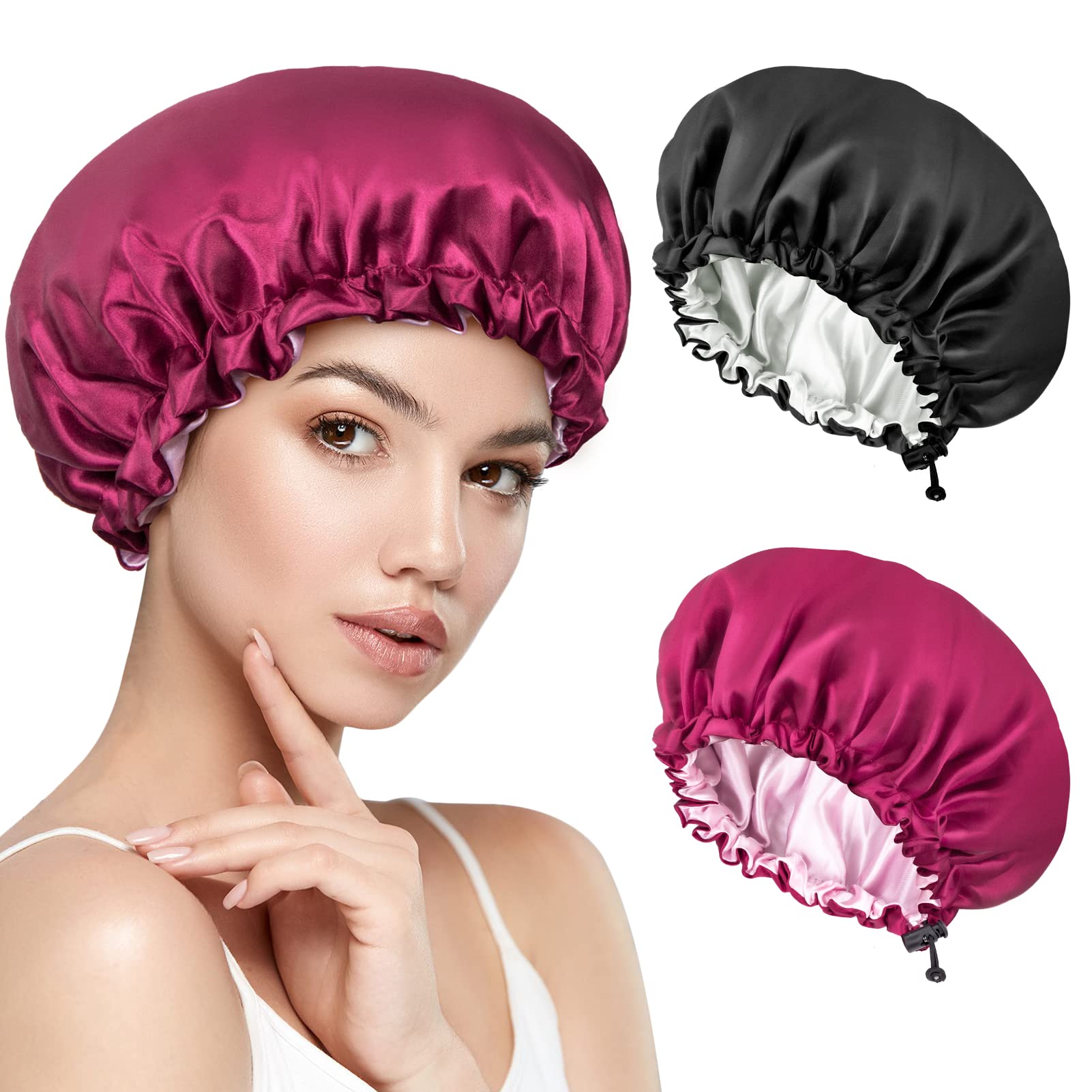2 Piezas Gorro de Satén Ajustable para Dormir Pelo Rizado, Doble Capa, Suave Cubierta de Cabeza Bonnet Seda para Mujeres y Chicas
