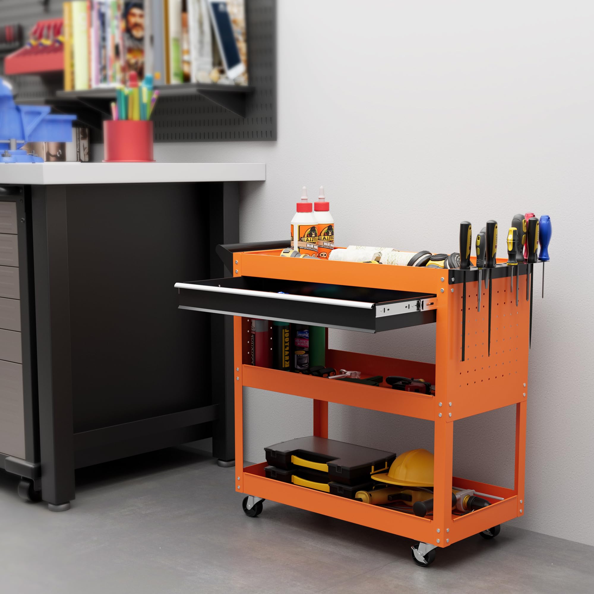 Carrello in legno multiuso con ruote e 2 cassetti 41x44xH58 Creta Opaco