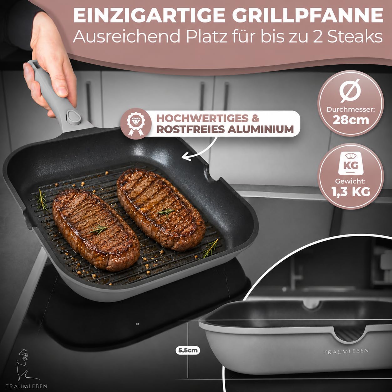 TRAUMLEBEN Padella Grill 28 cm con beccuccio – antiaderente per induzione, manico removibile, PFOA free, adatta al forno, ideale per bistecca (grigio)