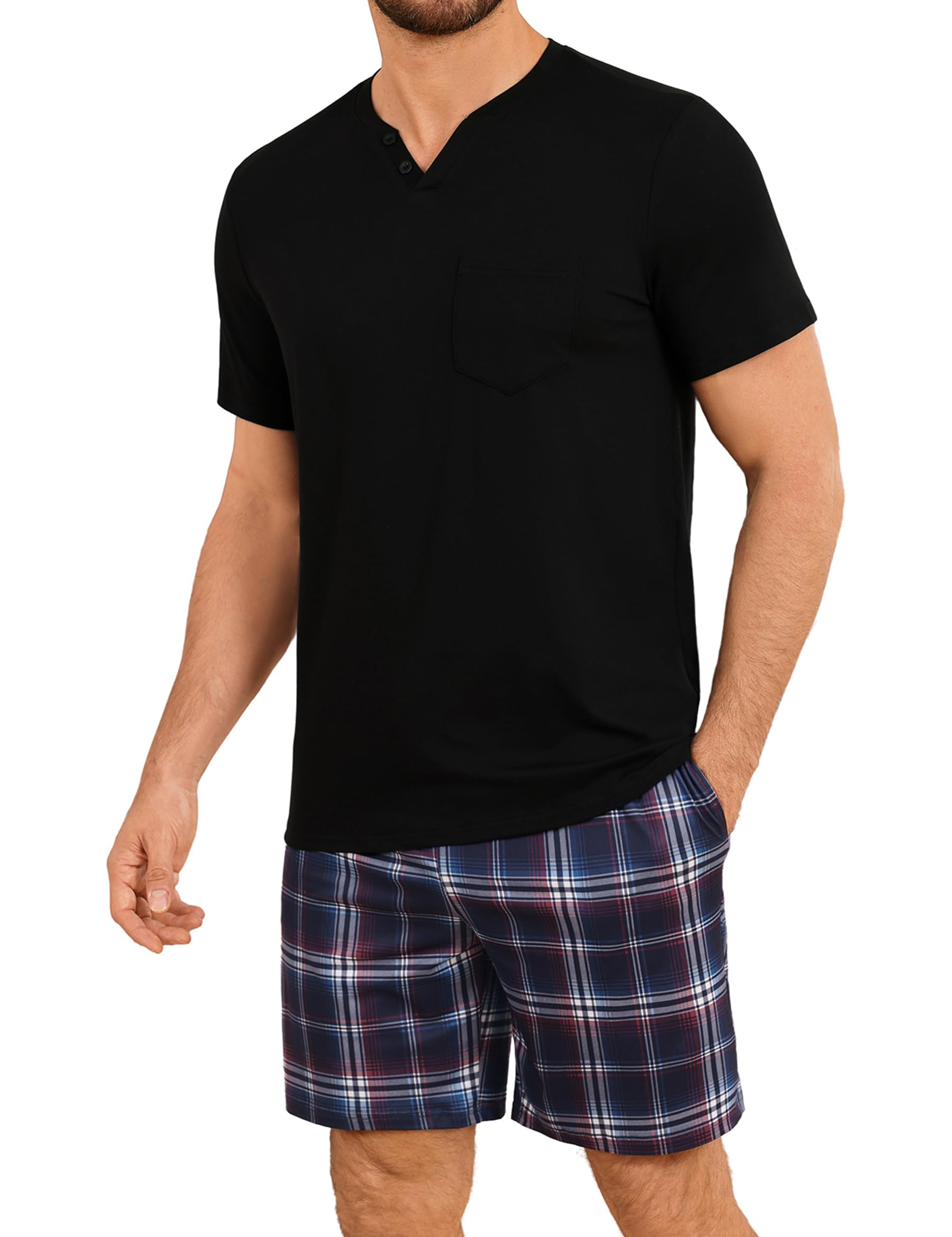 Leversic Zweiteiliger Schlafanzug Herren Kurz Baumwolle mit Karierter V-Ausschnitt, Shorty Pyjama Herren Set Sommer Nachtwäsche Pajamas for Männer