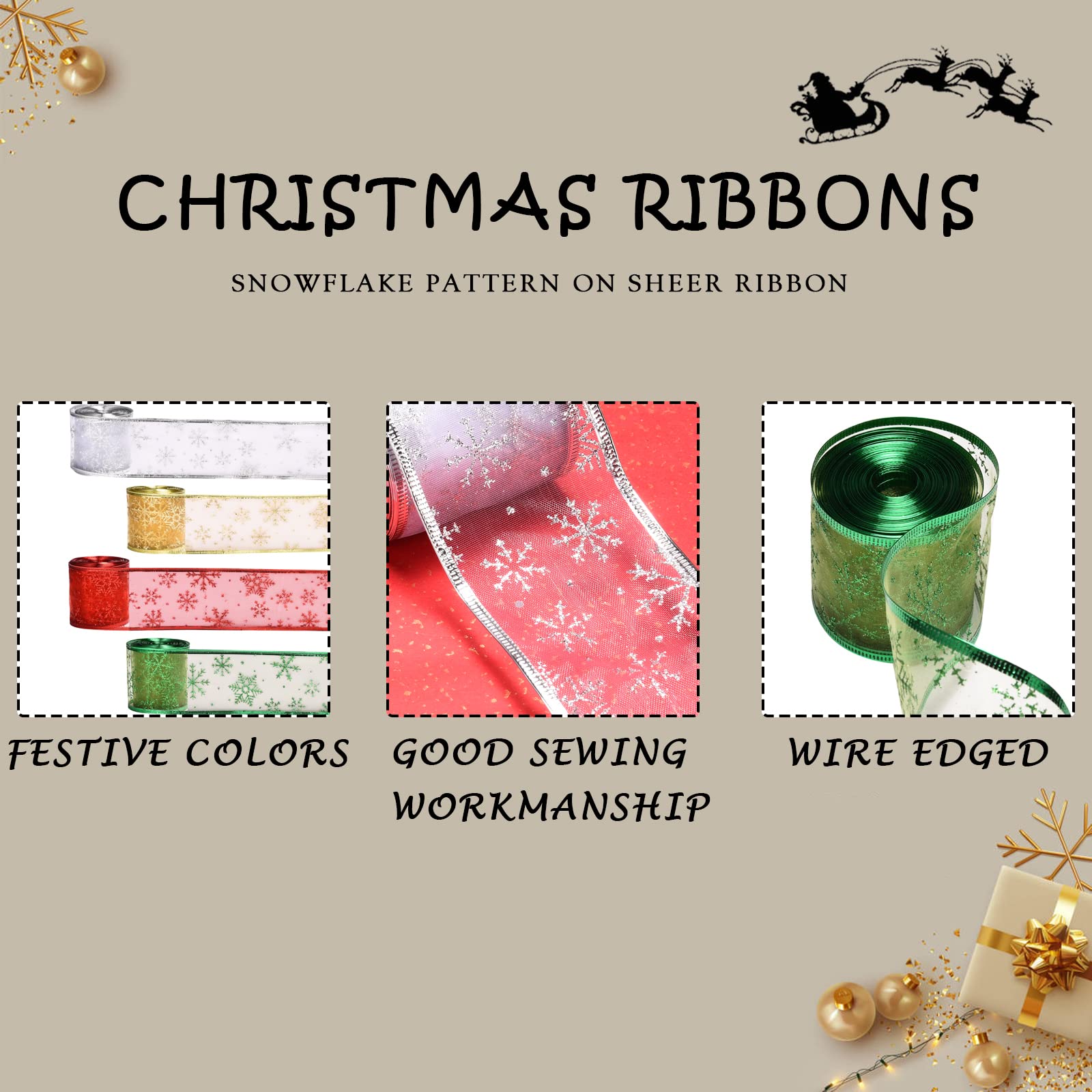 Rouleaux De Ruban De Noël Organza - 2 Motifs : Merry Christmas Rouge Et Flocons De Neige Blanc - 25 Yards Chacun