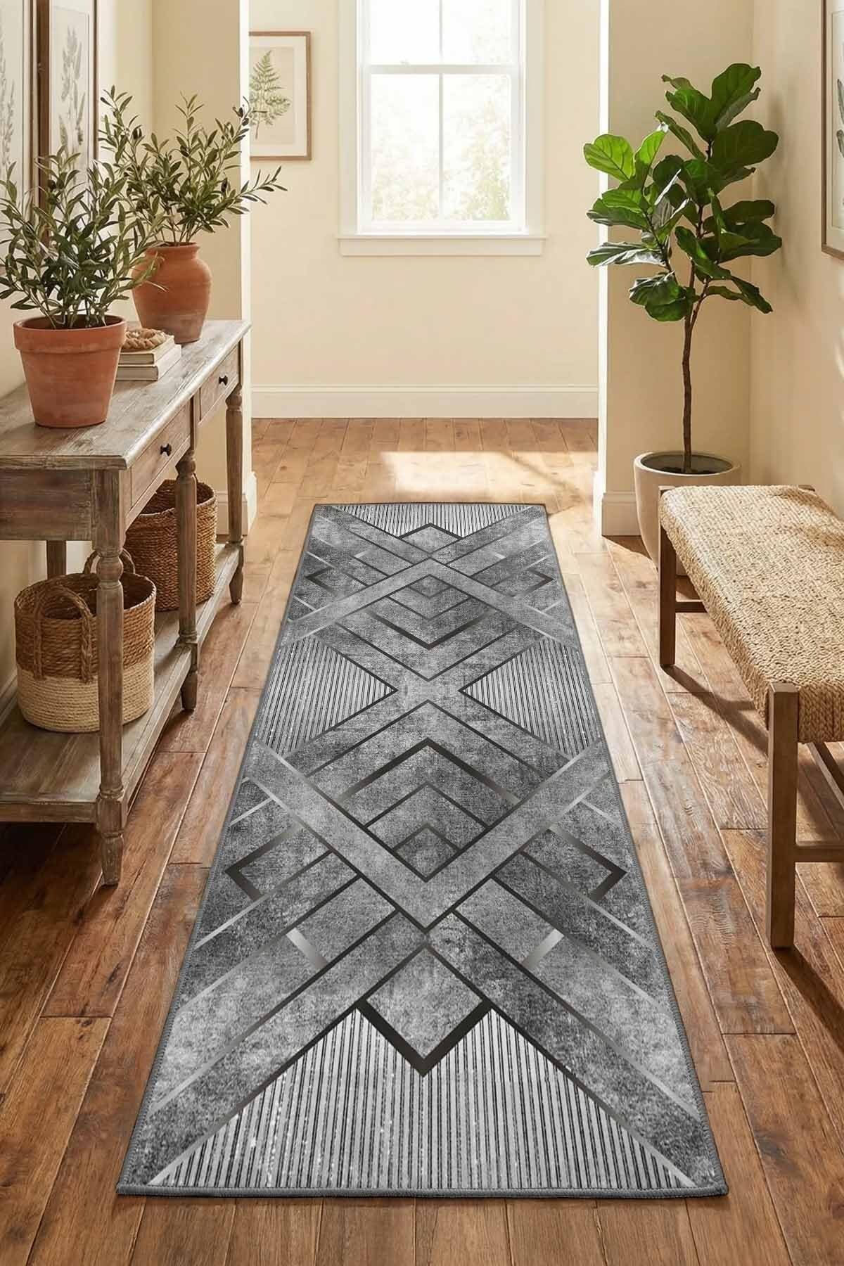 Monnhein Gri Yolluk Ahle - Yıkanabilir, Kaymaz Taban, Dijital Baskılı, Leke Tutmaz, İnce Hav, Modern Koridor, Mutfak, Antre ve Salon için Dekoratif Yolluk