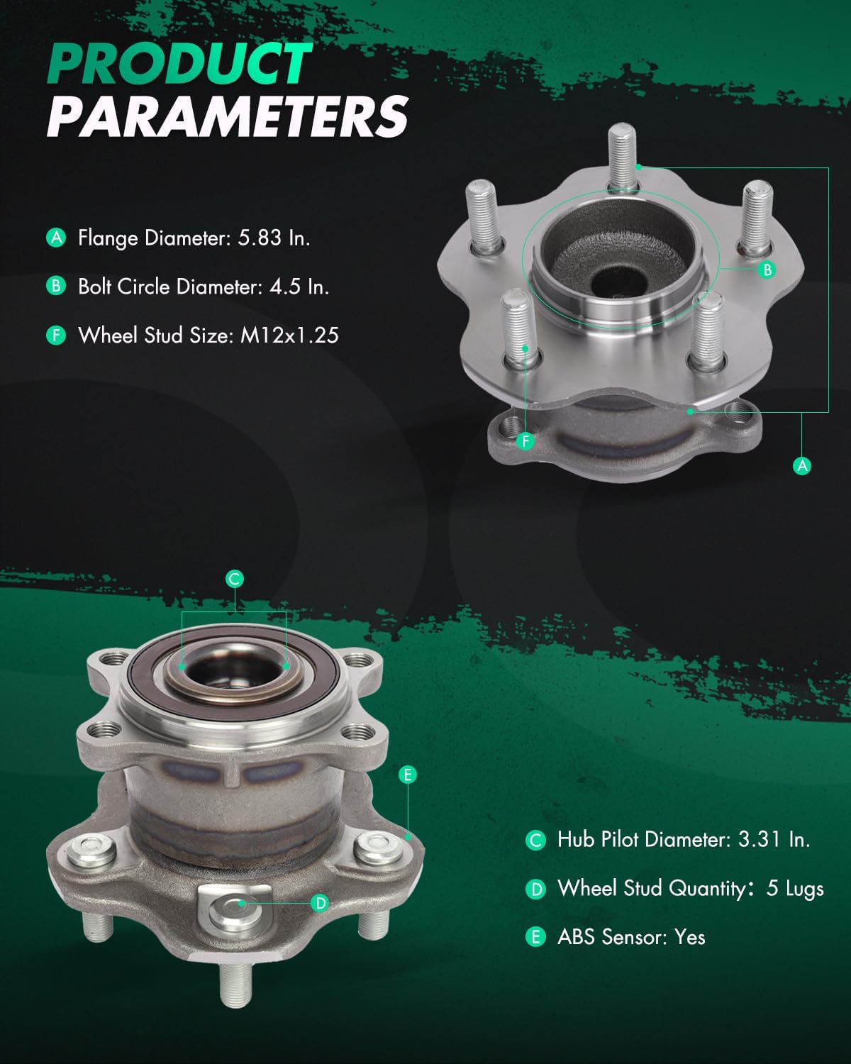 SCITOO Rear Wheel Bearing and Hub Assembly for 2007-2018 For Nissan Altima, 2013-2020 for Nissan Pathfinder, 2014-2020 for Infiniti QX60 512388 FWD W/ABS 5 Bolts (2 Packs)